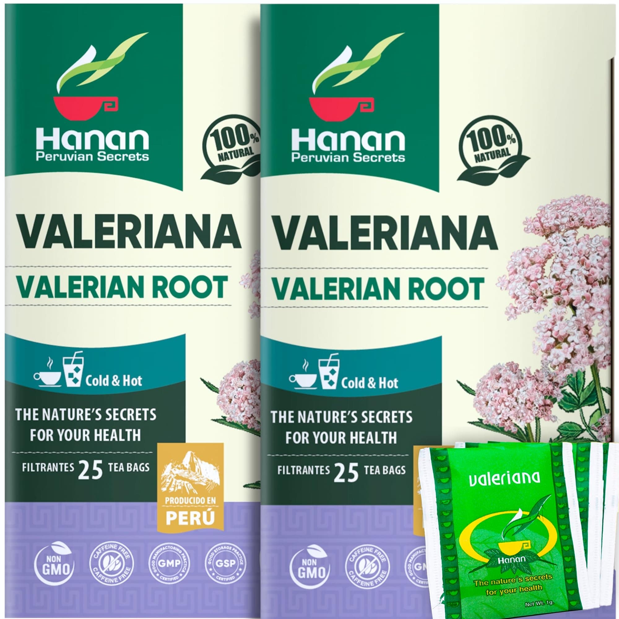Hanan Valerian Root Tea for Bedtime (50 Bags) - Te de Valeriana, Herbal Calming Night Tea - 100% Pure, Caffeine-Free, Non-GMO, Herb from Peru - Pack of 2 Boxes