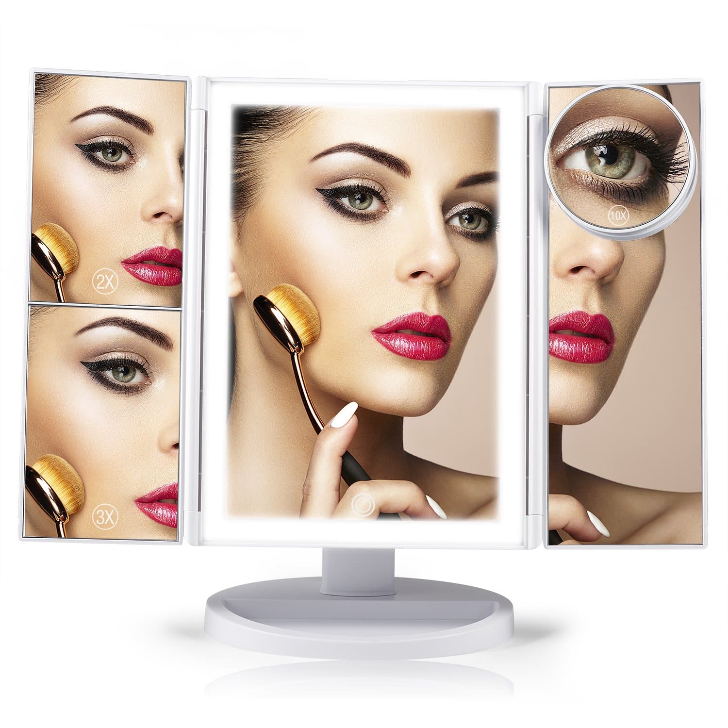 Vanity Makeup Mirror, GloEra 1x/2x/3x Magnification Trifold Lighted Makeup Mirror with Dimmable Touch Sensor 36 LED Lights and Detachable 10x Mini Spot Mirror Battery and USB Power Supply 180° Swivel