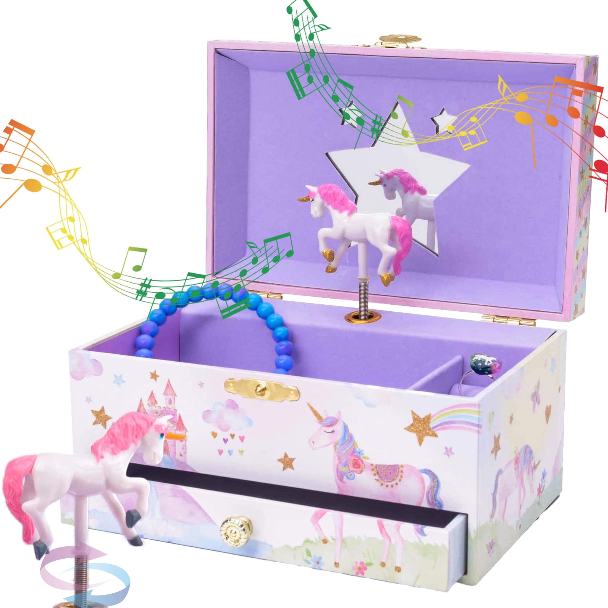Jewelkeeper Girls Musical Jewelry Storage Box with Drawers Glitter Rainbow Stars Unicorn Design Unicorn Song