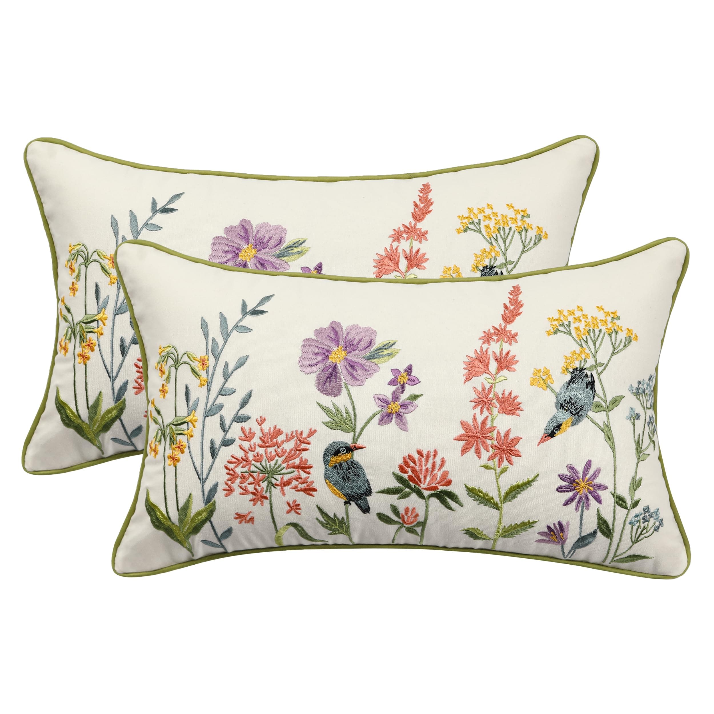 Tosleo Embroidered Throw Pillow Covers 12 x 20 inch Pack of 2 Vintage Birds with Flowers Farmhouse Pillow Cushion Cases Decorative Pillowcases Home Decor Square Floral Pillow Case