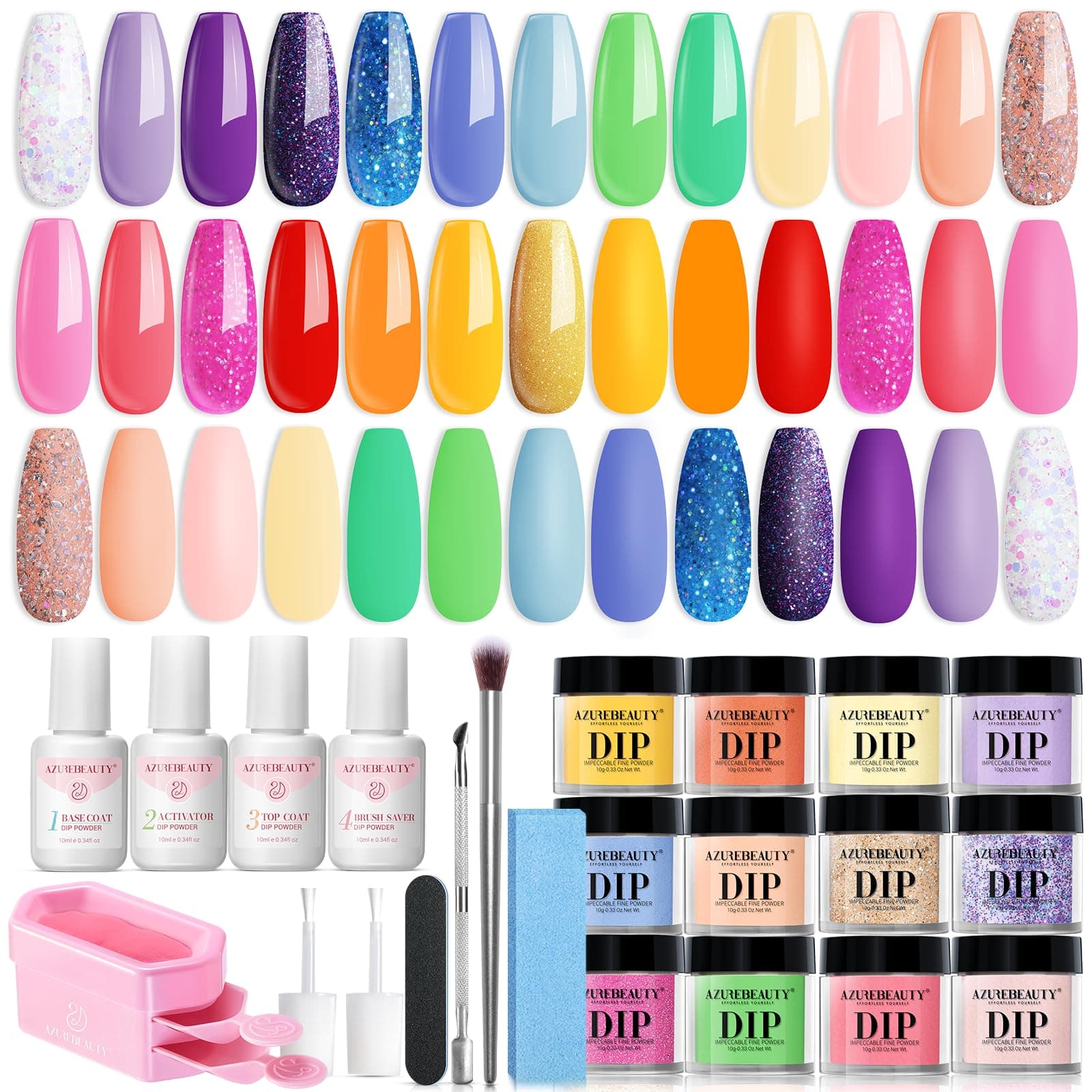 AZUREBEAUTY 31 Pcs Dip Powder Nail Kit Starter, Spring Summer 20 Colors Glitter Neon Pink Blue Green Dipping Powder Liquid Set with Top/Base Coat Activator for French Nail Art Manicure DIY Salon Gift