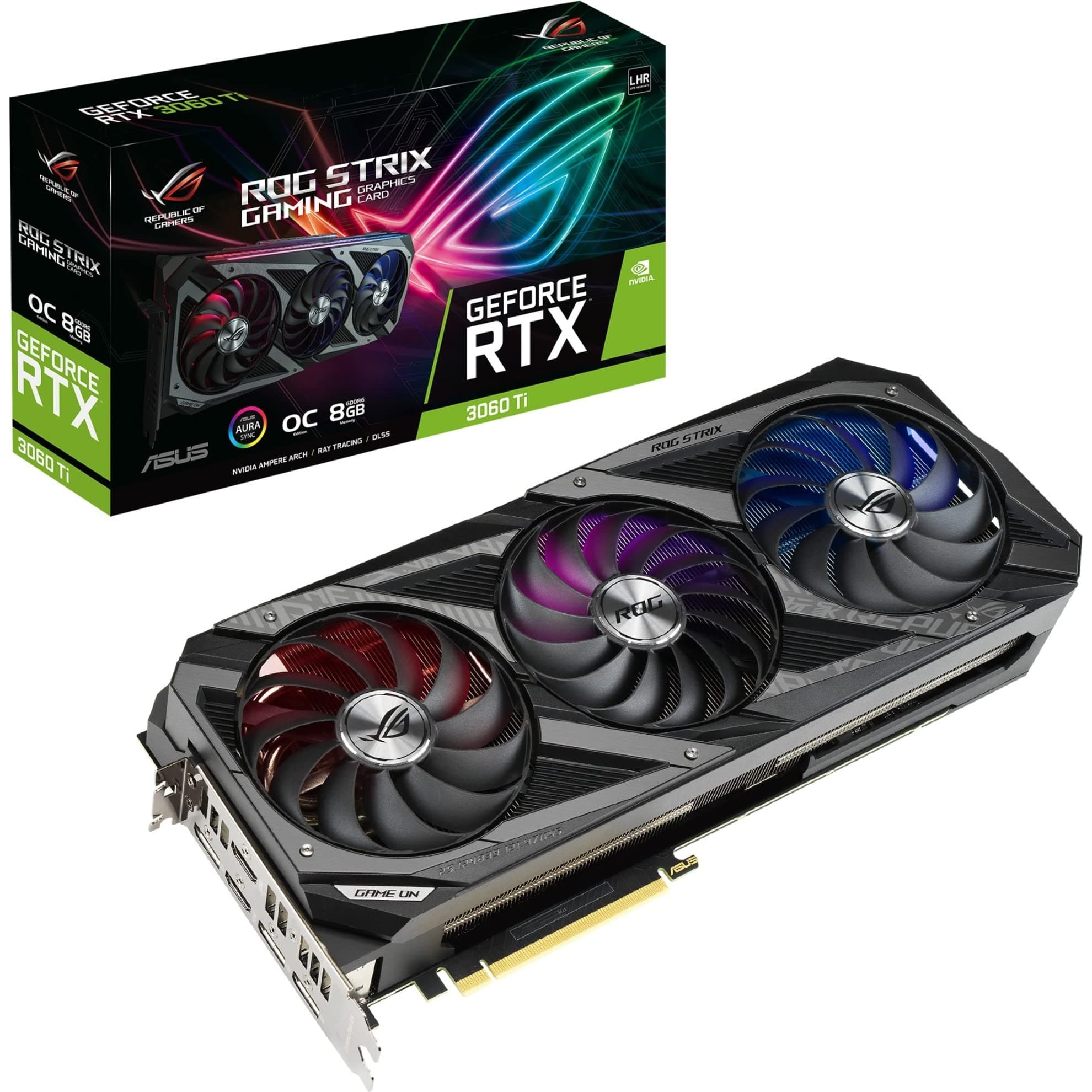 ROG Strix NVIDIA GeForce RTX 3060 Ti V2 OC Edition Gaming Graphics Card (PCIe 4.0, 8GB GDDR6, LHR, HDMI 2.1, DisplayPort 1.4a, Axial-tech Fan Design, 2.9-slot, Super Alloy Power II, GPU Tweak II)