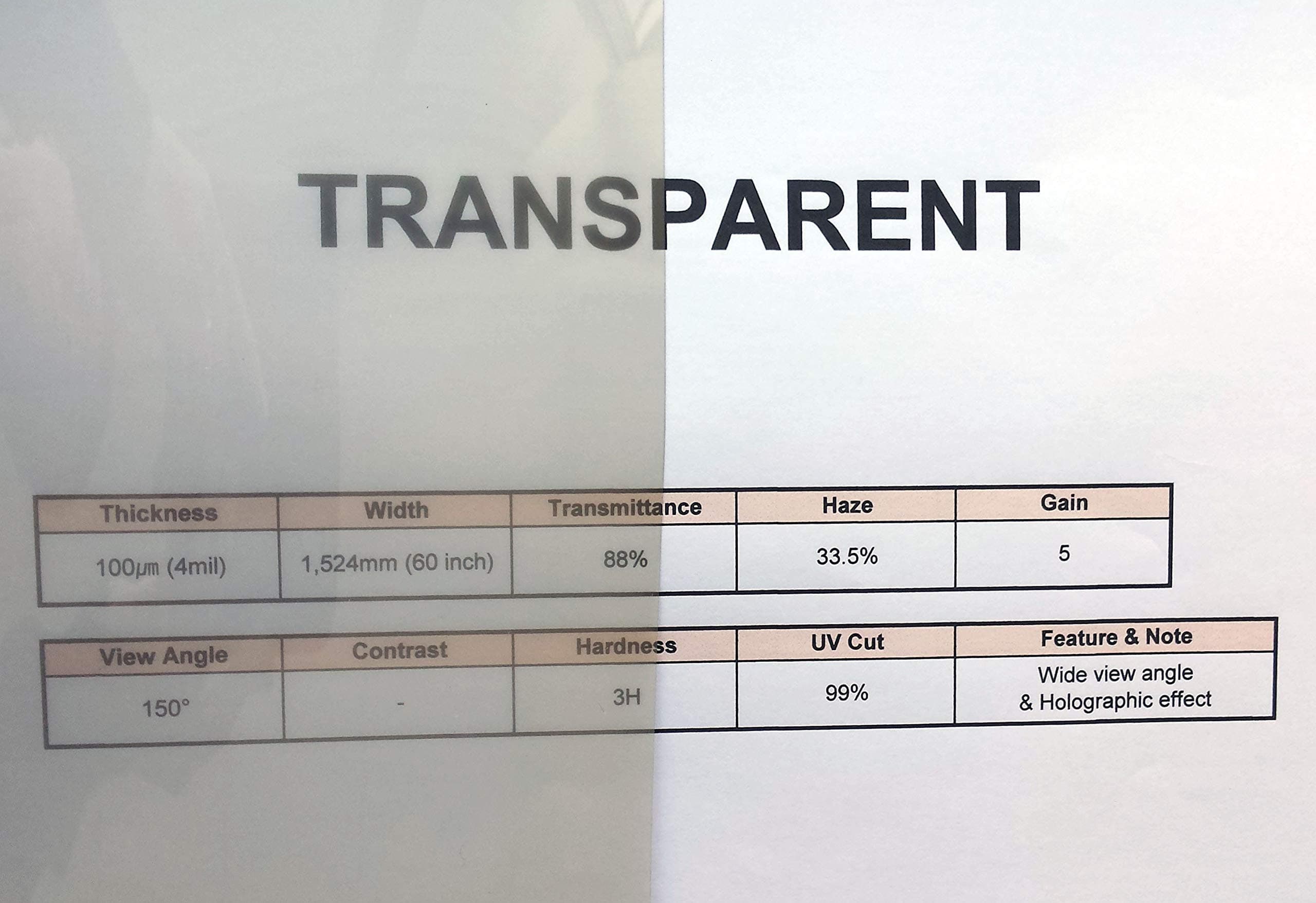 Transparent, Holographic Rear Projection Film, Self Adhesive from UK Stock (VAT Included) (Linear Meter: 1.52 x 1meter)