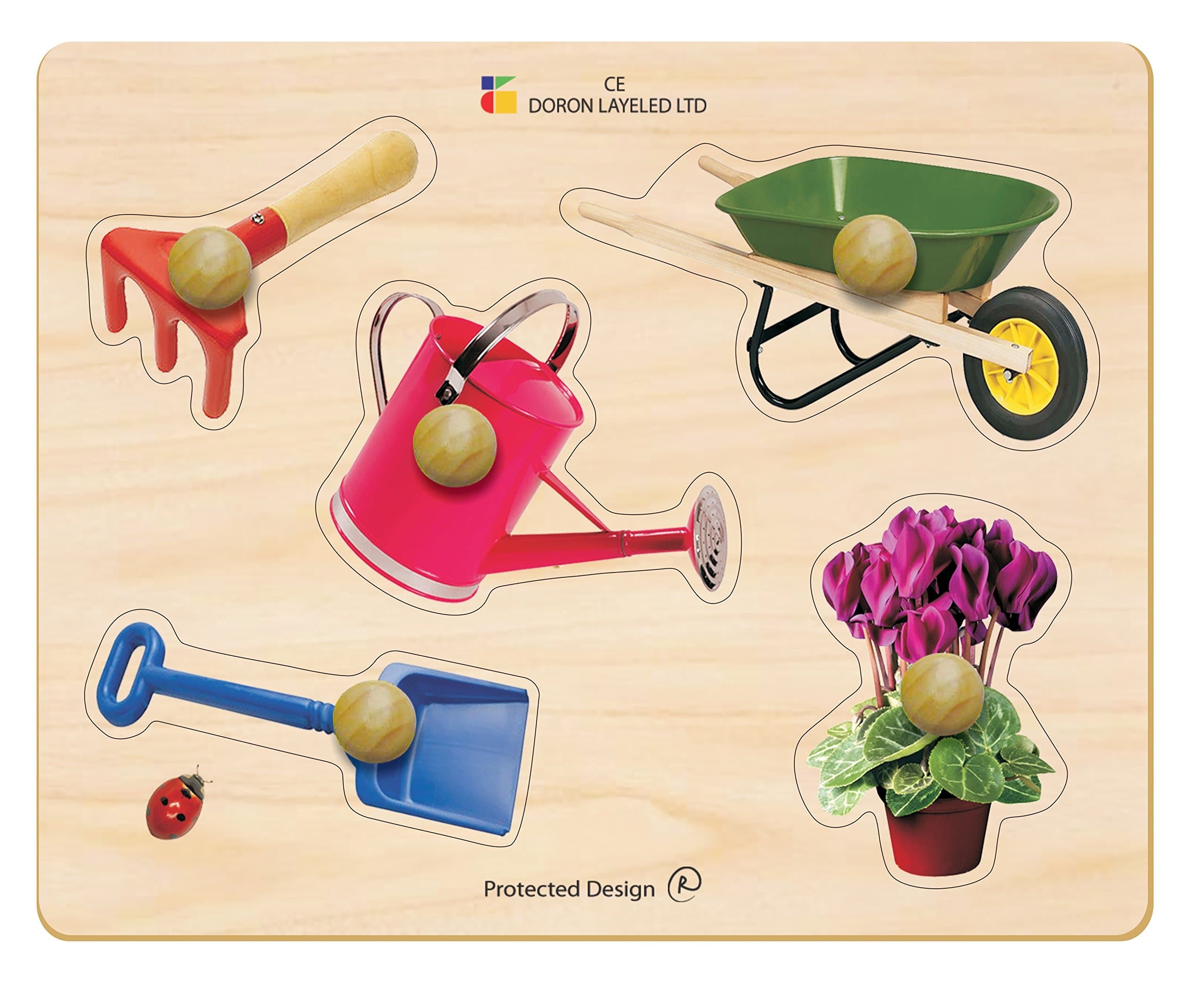 Doron Layeled E72510050, Large Photographic Wooden Peg Puzzle-Garden Tools