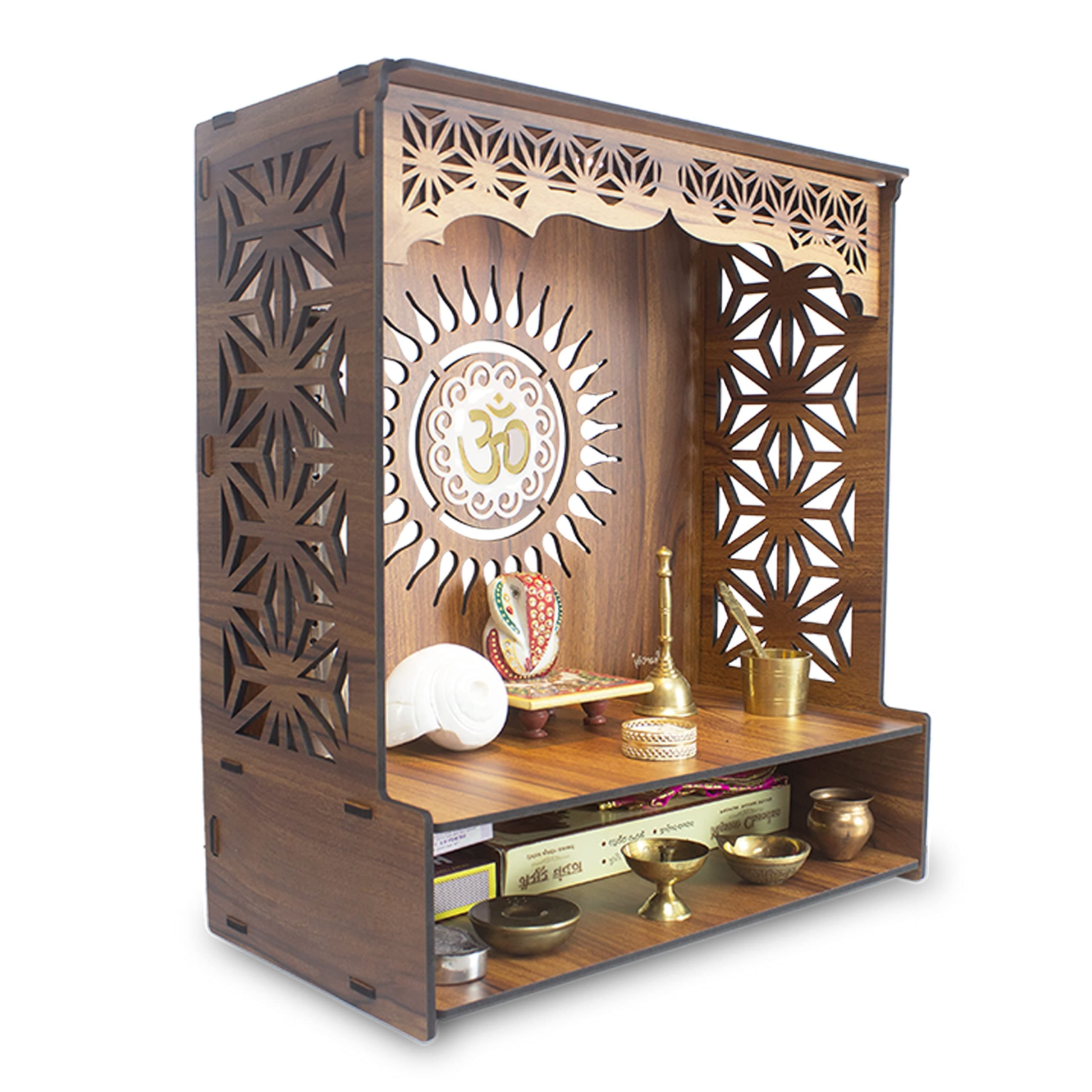 Heartily Shree Beautiful Wooden Pooja Stand for Home Mandir for Home Temple for Home and Office Puja Mandir for Home and Office Wall with LED Spot Light Product (H 18, L 16, W8.75 Inch)
