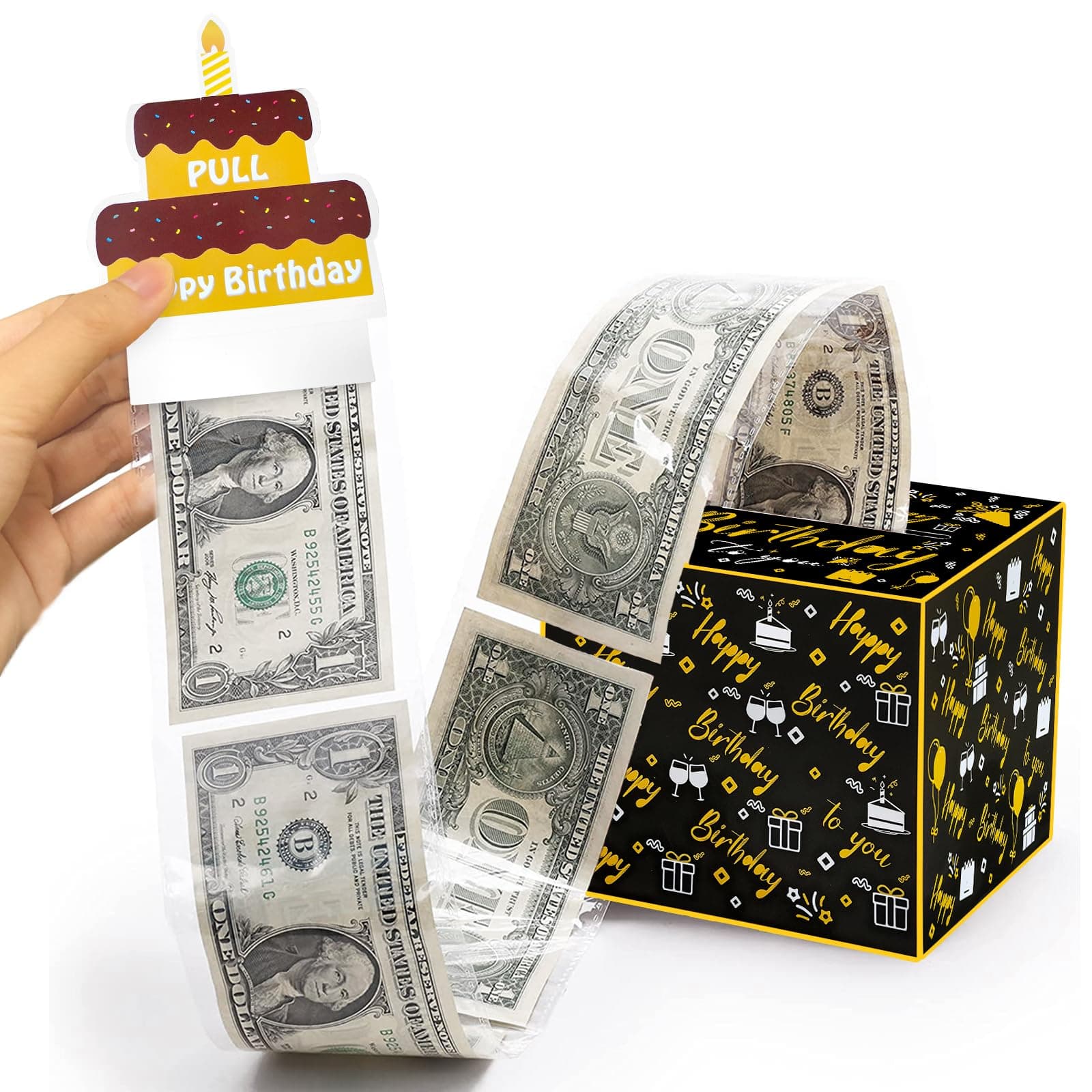 Happy Birthday Money Gift Box with Pull Out Card and Cash Holder - Black & Gold DIY Surprise Box