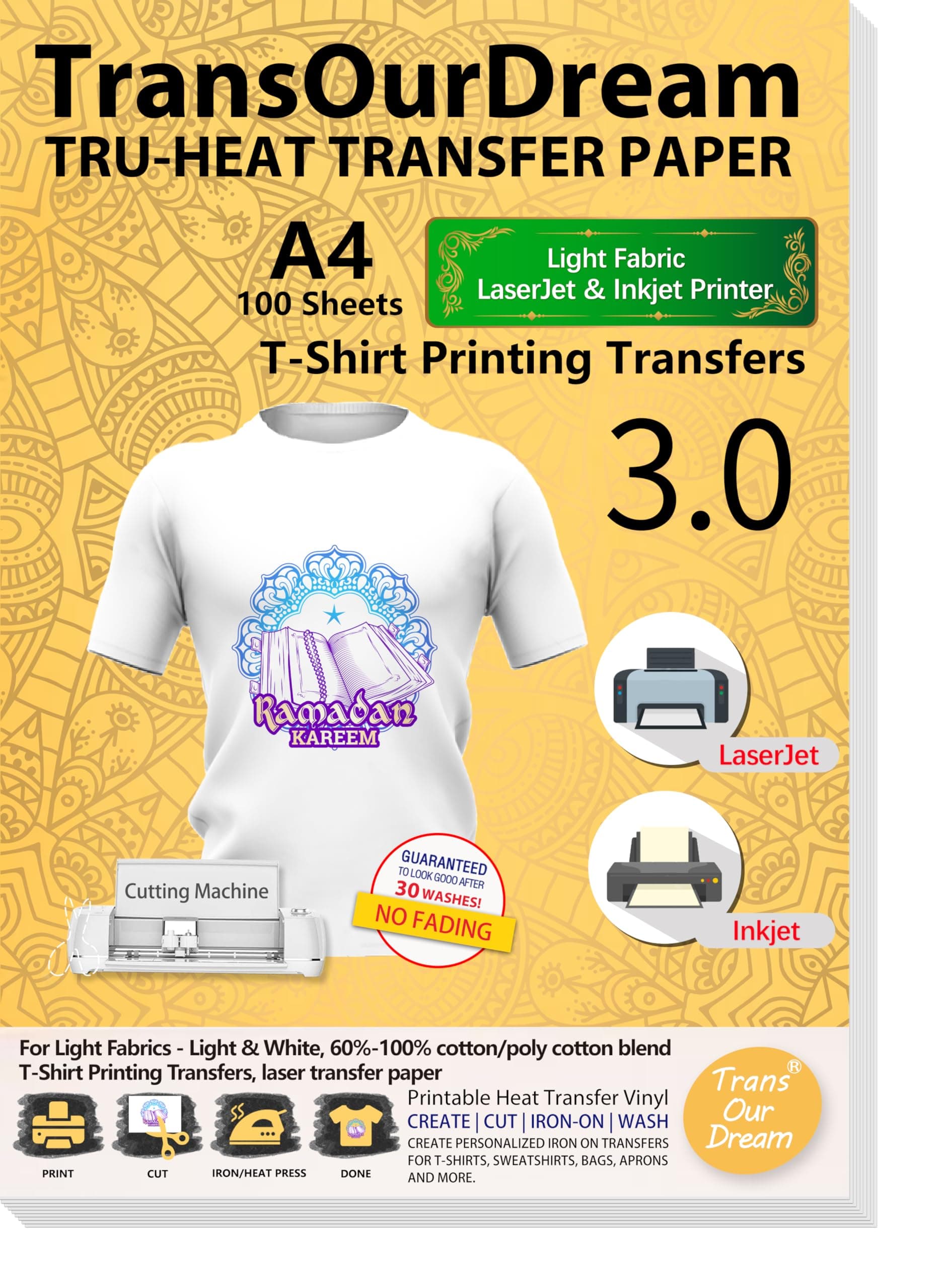 TransOurDream Tru-Iron on Heat Transfer Paper for Light Fabric (100 Sheets, A4, 3.0) T Shirt Transfers Paper for Inkjet Printer Printable Heat Transfer Vinyl for T-Shirts (ARAB-L3-100)
