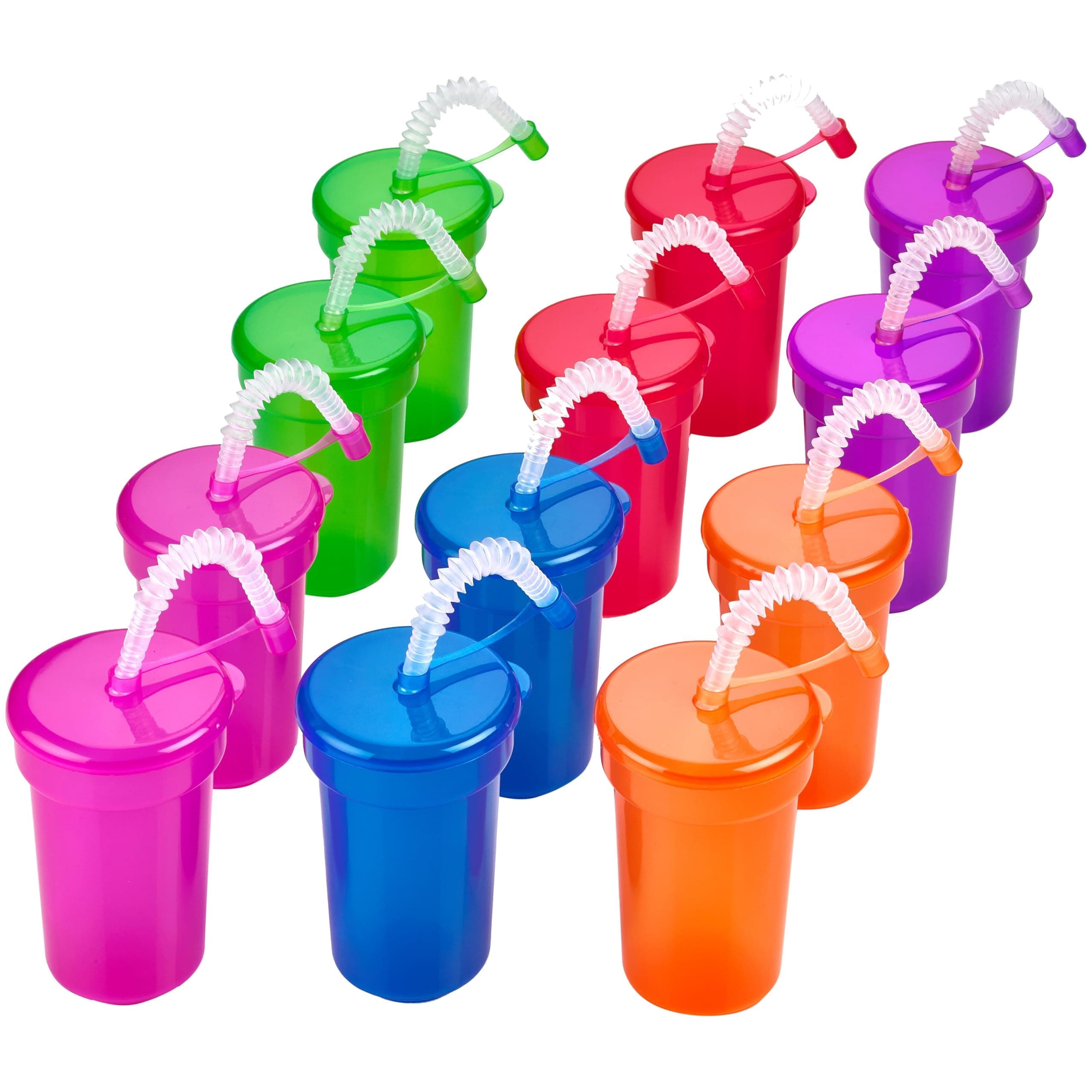Neon Sipper Cups - 6 Oz. - Colorful, Spill-Proof Cups with Lids and Straws Reusable Straw Cups- Ideal for School Events, Themed Parties, and Birthday Celebrations - Party Supplies | 6 Colors 12 Pack