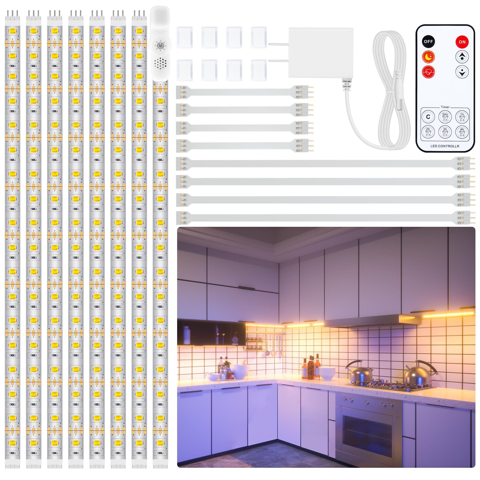 - Under Cabinet Lighting Kit - 8 PCS 20 Inch Pre-Cut Strips, 2700K Warm White Flexible LED Strip Lights with Remote and Power Adapter for Kitchen Cabinets, Shelf, Desk, Counter - 13ft