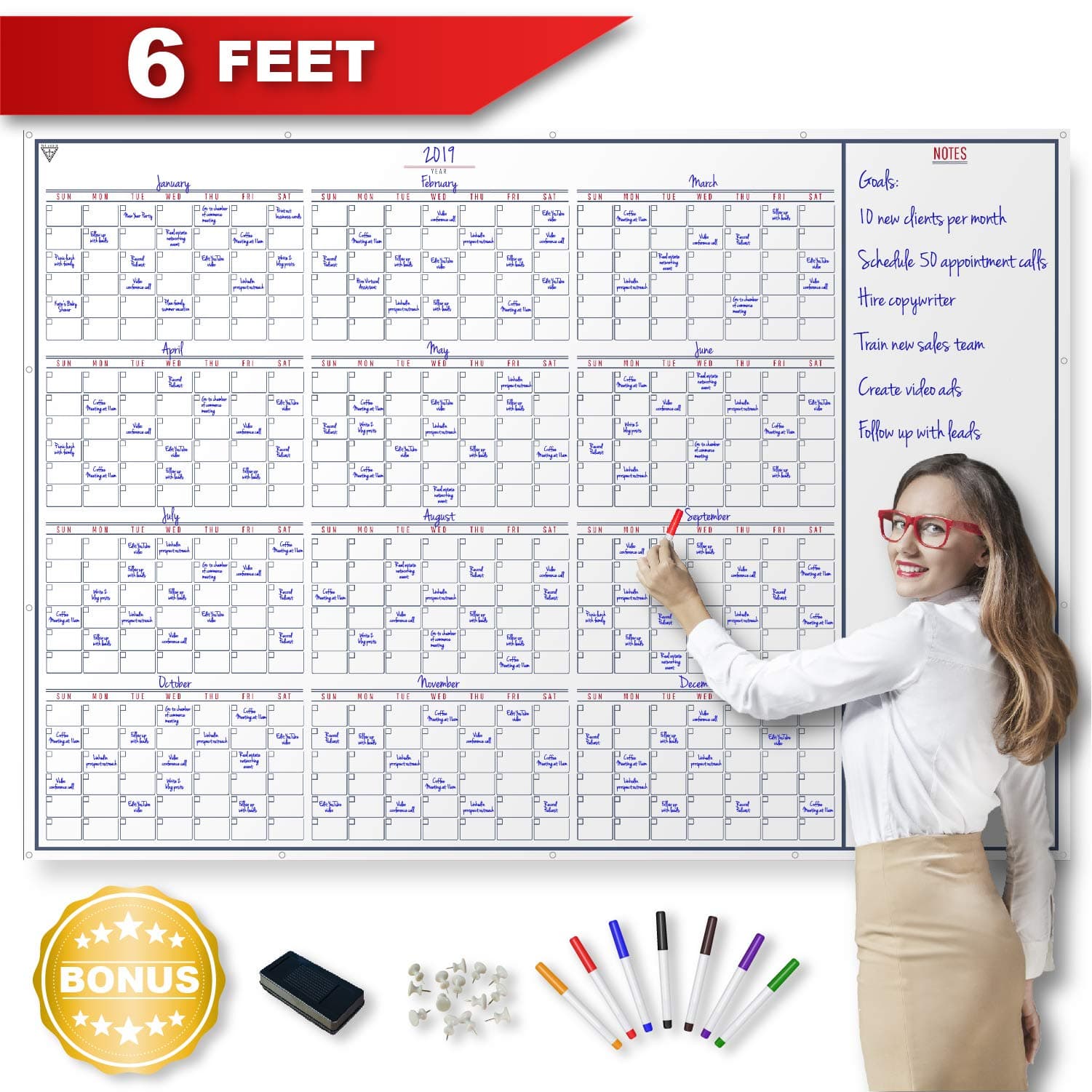 2020 Yearly Wall Calendar - Large Dry Erase 12 Month Erasable Planner with White Board Notes Section Including Markers - Big Chore Organizer for Office, Family, Kids, Classroom, Home, or Business.
