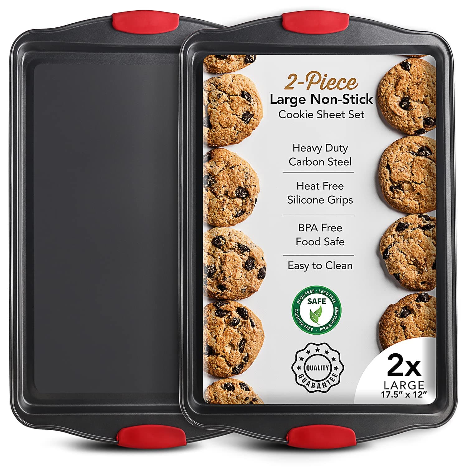 Baking Sheet Set, 2-Piece Large Cookie Sheet Set with Silicone Handles, Steel Baking Pan, Baking Sheets for Oven, BPA Free Nonstick Set, Half Sheet Pans, Black Baking Tray