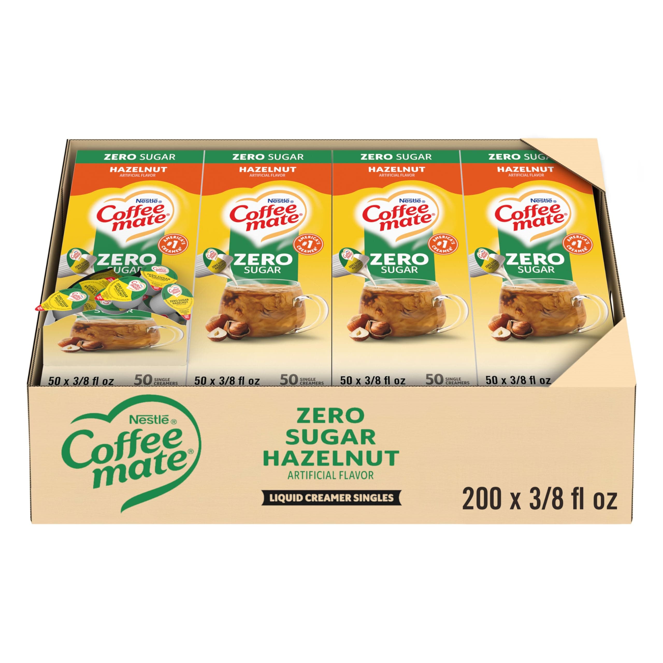 Coffee Creamer, Zero Sugar Hazelnut, Liquid Creamer Singles, Non Dairy, No Refrigeration, 0.375 fl oz Tubs (Pack of 200)