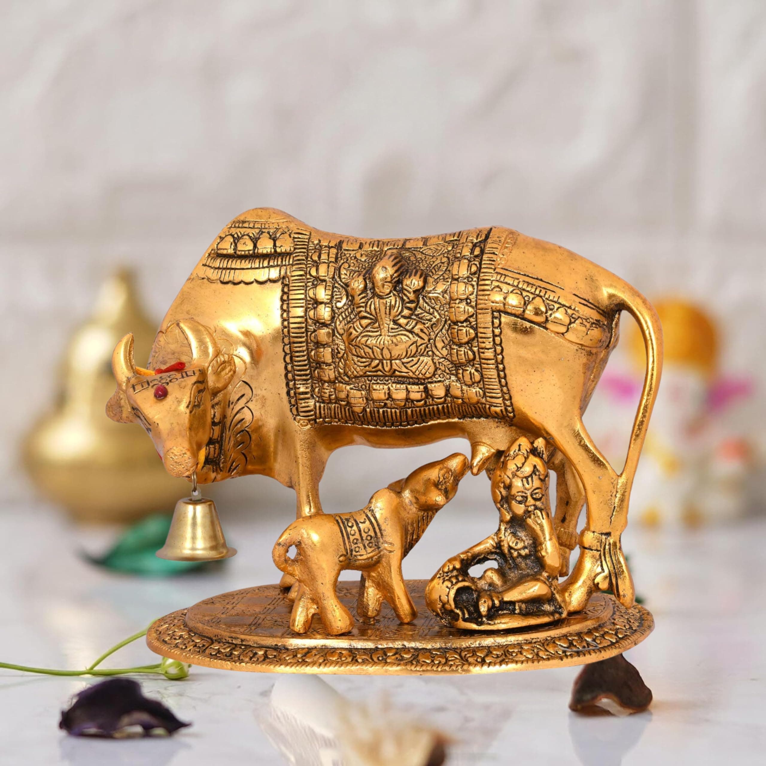 CHHARIYA CRAFTS Metal Kamdhenu Cow with Calf for Home Decor Gift Item for Home and Office Decorative Showpieces Statue for Good Luck