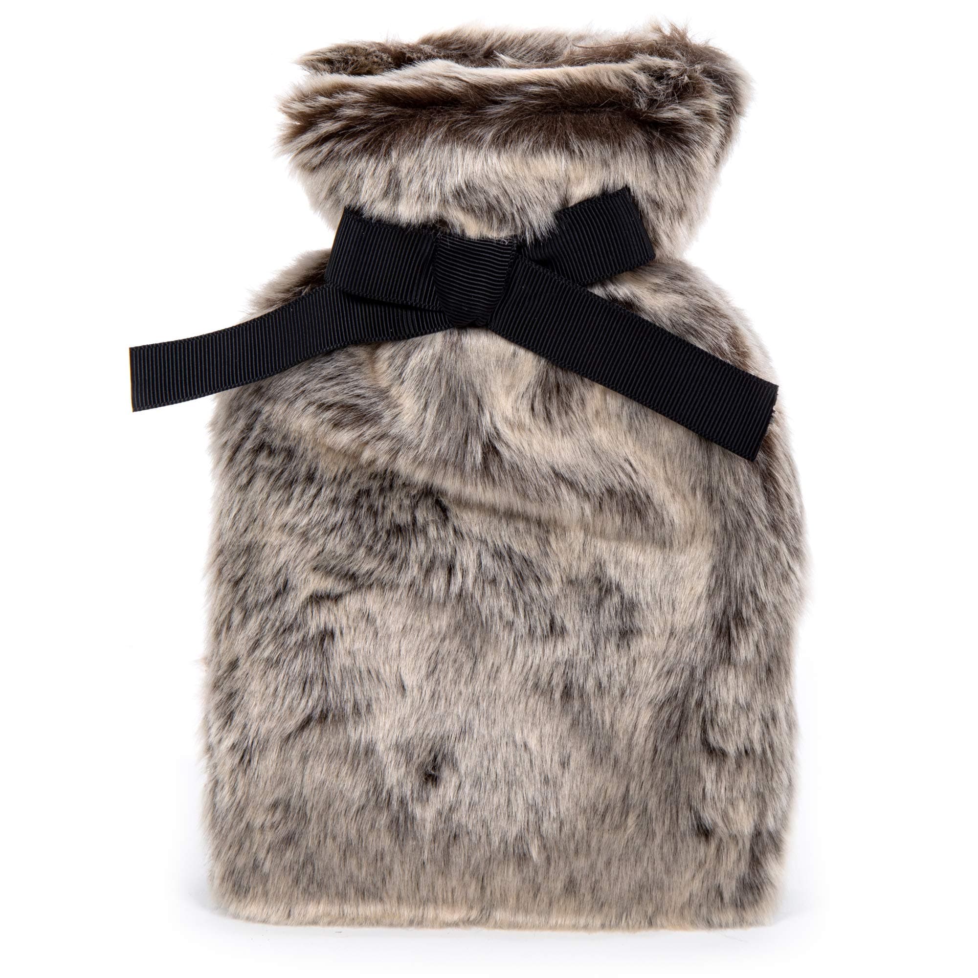 CTG, Bodico Collection, 350ml Hot Water Bottle with Luxe Faux Fur Cover with Black Bow, 8.75 inches, Grey