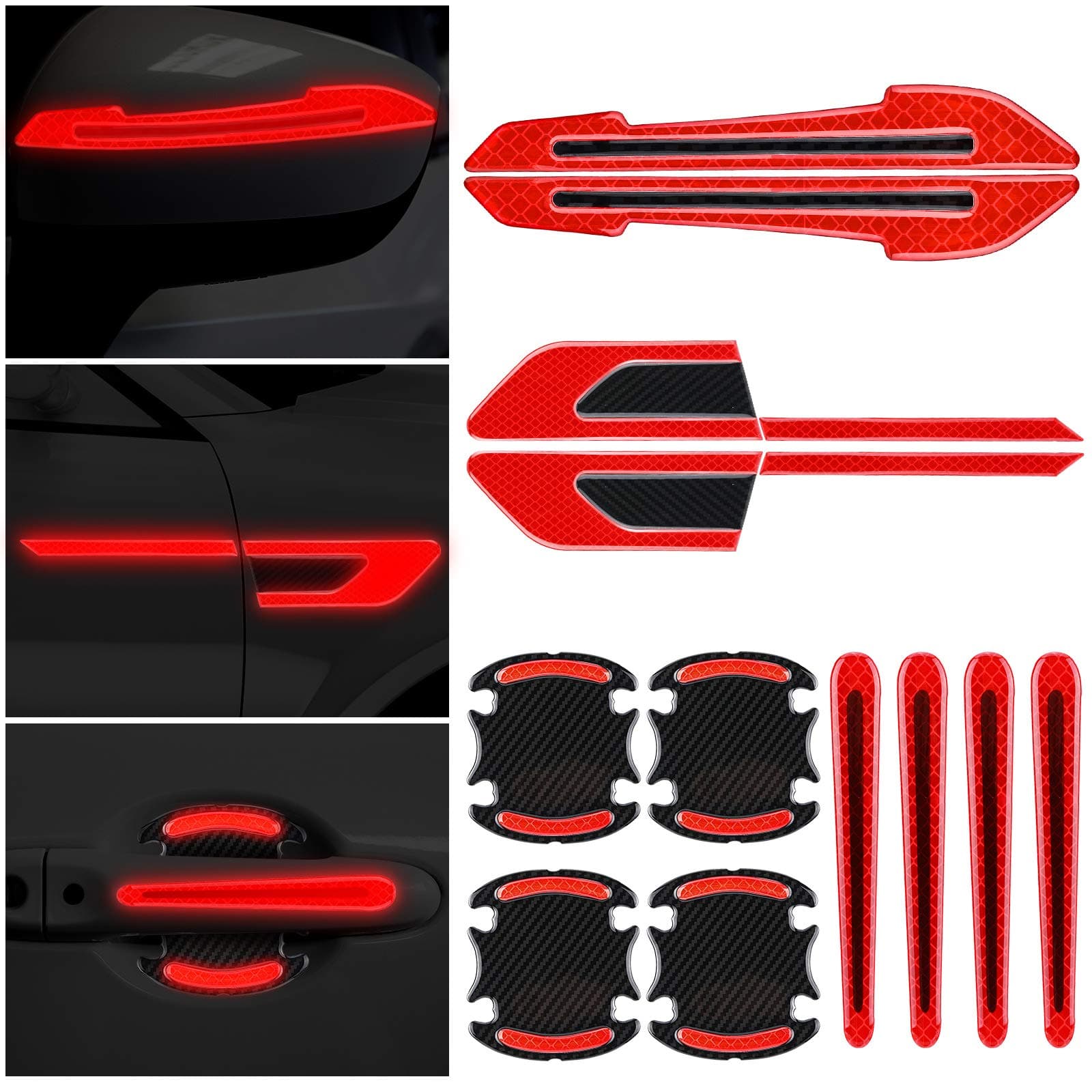 12 Pieces Reflective Car Stickers Set Rearview Mirror Reflective Warning Stickers Auto Door Cup Protectors and Handle Paint Scratch Films for Car Safety(Red)
