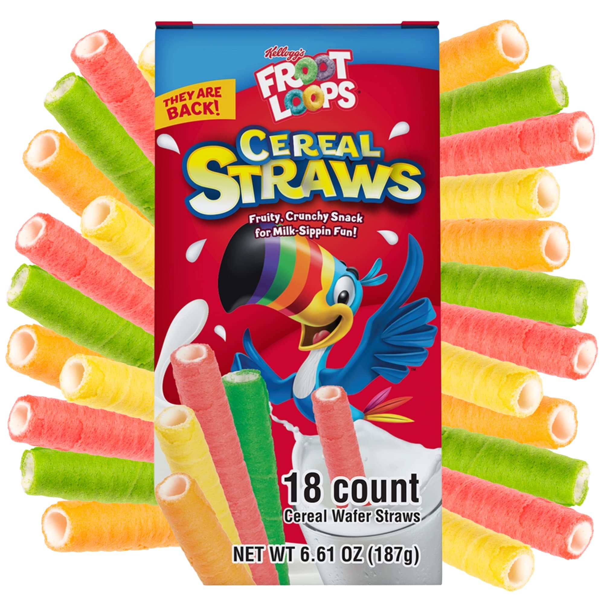 2025 Kellogg's Cereal Straws Froot Loops Edible Breakfast Straw Alternatives for Milk, 90's Childhood Nostalgic Treat, Cereals for Kids, 18 Count