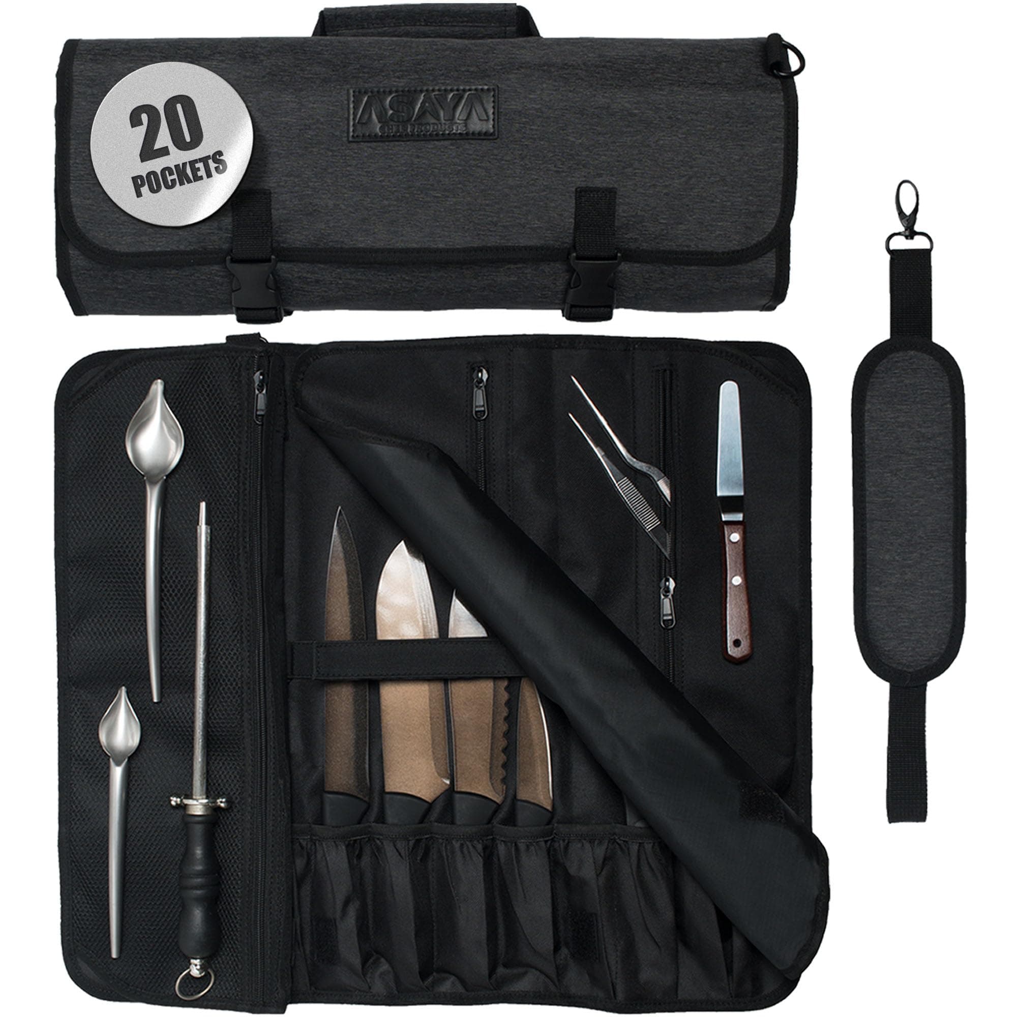 Waxed Nylon Chef Knife Roll Bag with 20 Slots and Zippered Pockets - Professional Chef Knife Bag & Storage Case, Tool Carrier with Shoulder Strap - Knives Not Included (Black)