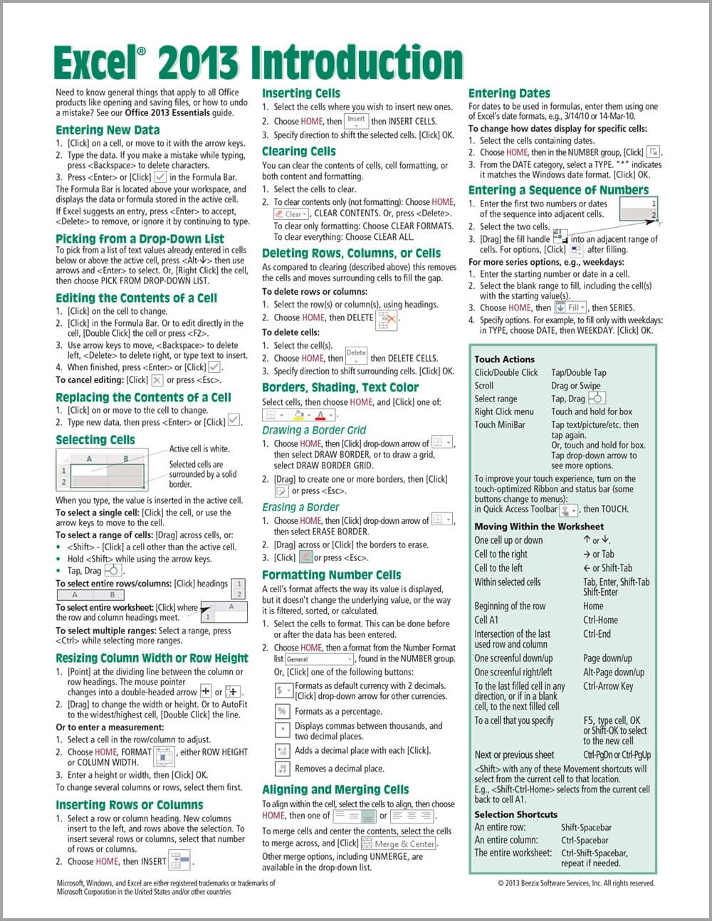 Microsoft Excel 2013 Introduction Quick Reference Guide (Cheat Sheet of Instructions, Tips & Shortcuts - Laminated Card)