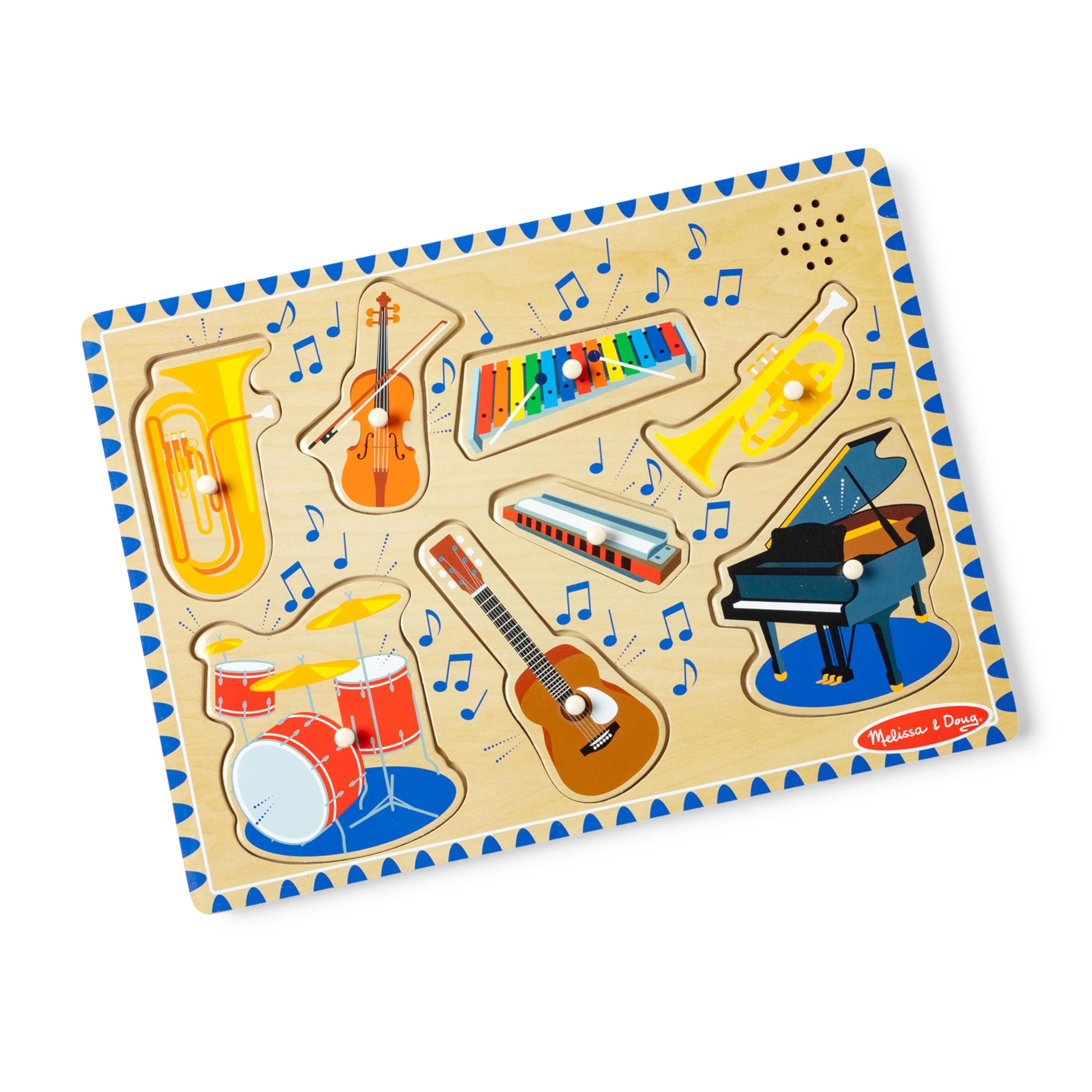 Musical Instruments Sound Puzzle - Wooden Peg Puzzle with Light-Activated Sound Effects (8 pcs) Wooden Peg Baby Music Learning Toys, for Toddlers and Preschoolers Ages 2+