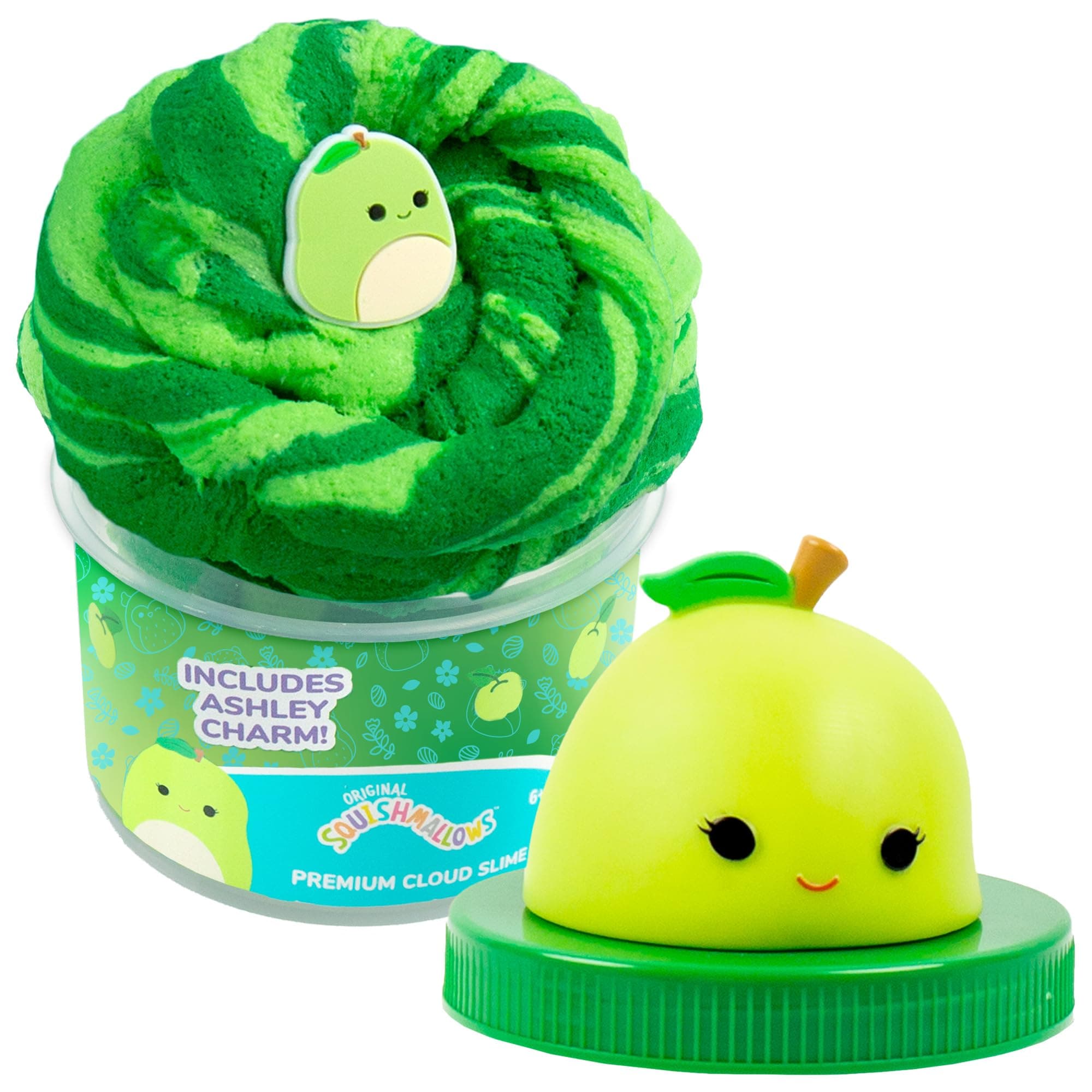 Original Squishmallows Ashely The Apple Premium Cloud Slime, Green Apple-Scented, 8 oz., Storage Container with Figurine Topper, Rubber Charm, Goodie Bags Stuffers, Kids Party Favors, Sensory Toys