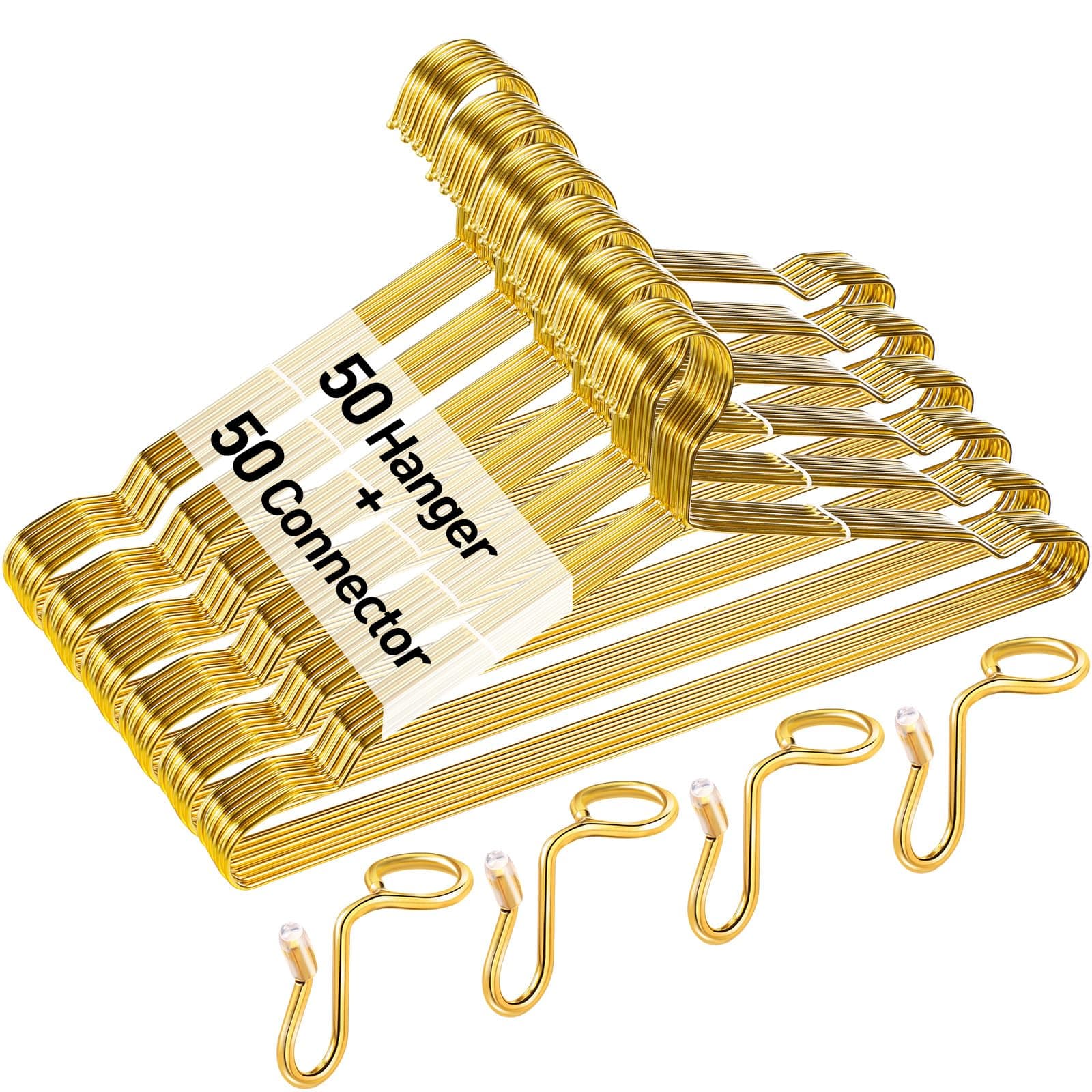 Wesiti 100 Pcs Gold Hangers Cloth Space Savers Hanger Set Include 50 Strong Metal Wire 17.7 in Clothes Hangers with 50 Hanger Connector Extender Hook Space Saving for Jacket Shirt Dress Closet Dorm
