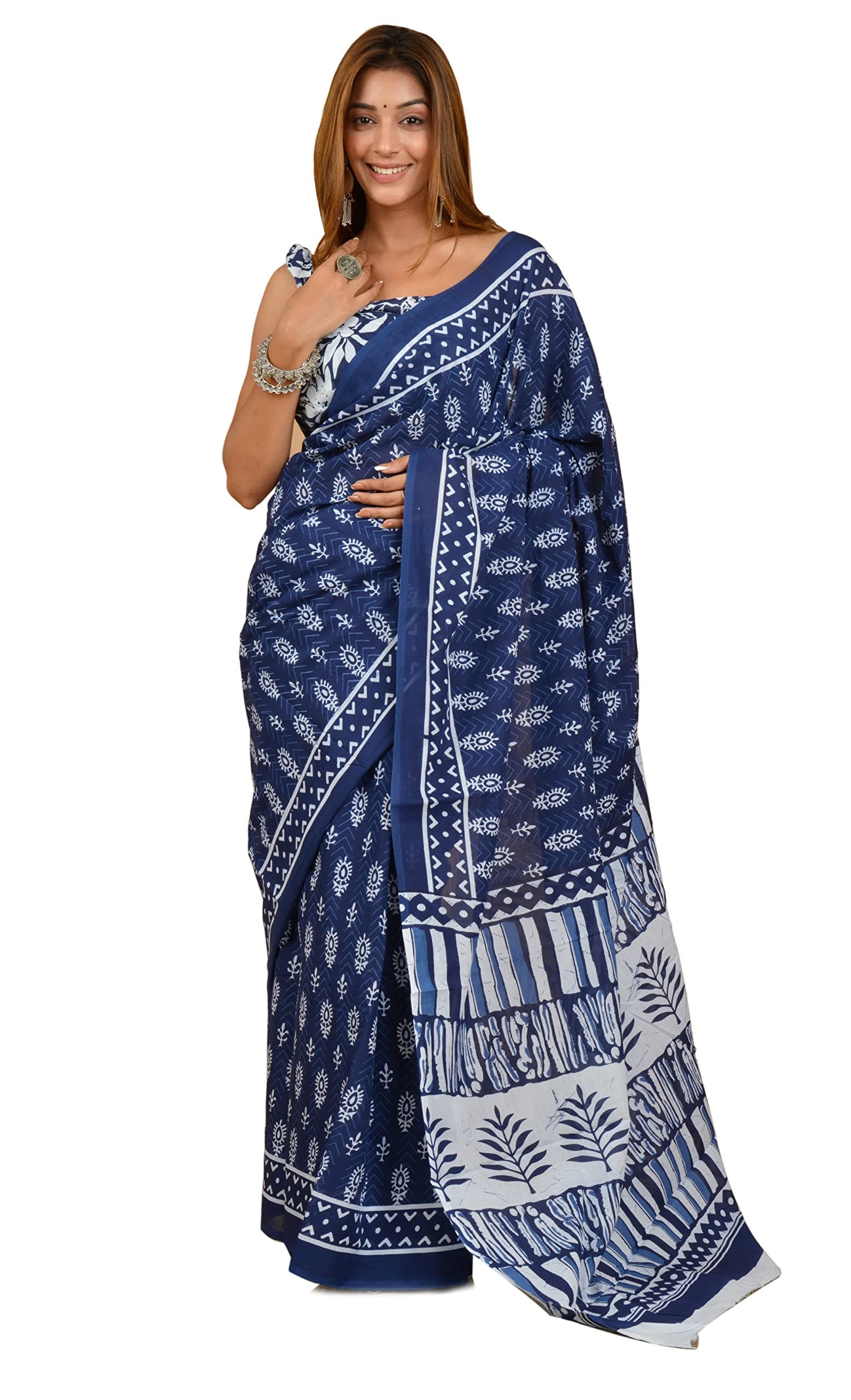 Shivanya Handicrafts Women's Hand Block Printed Cotton Mulmul Saree With Blouse Piece