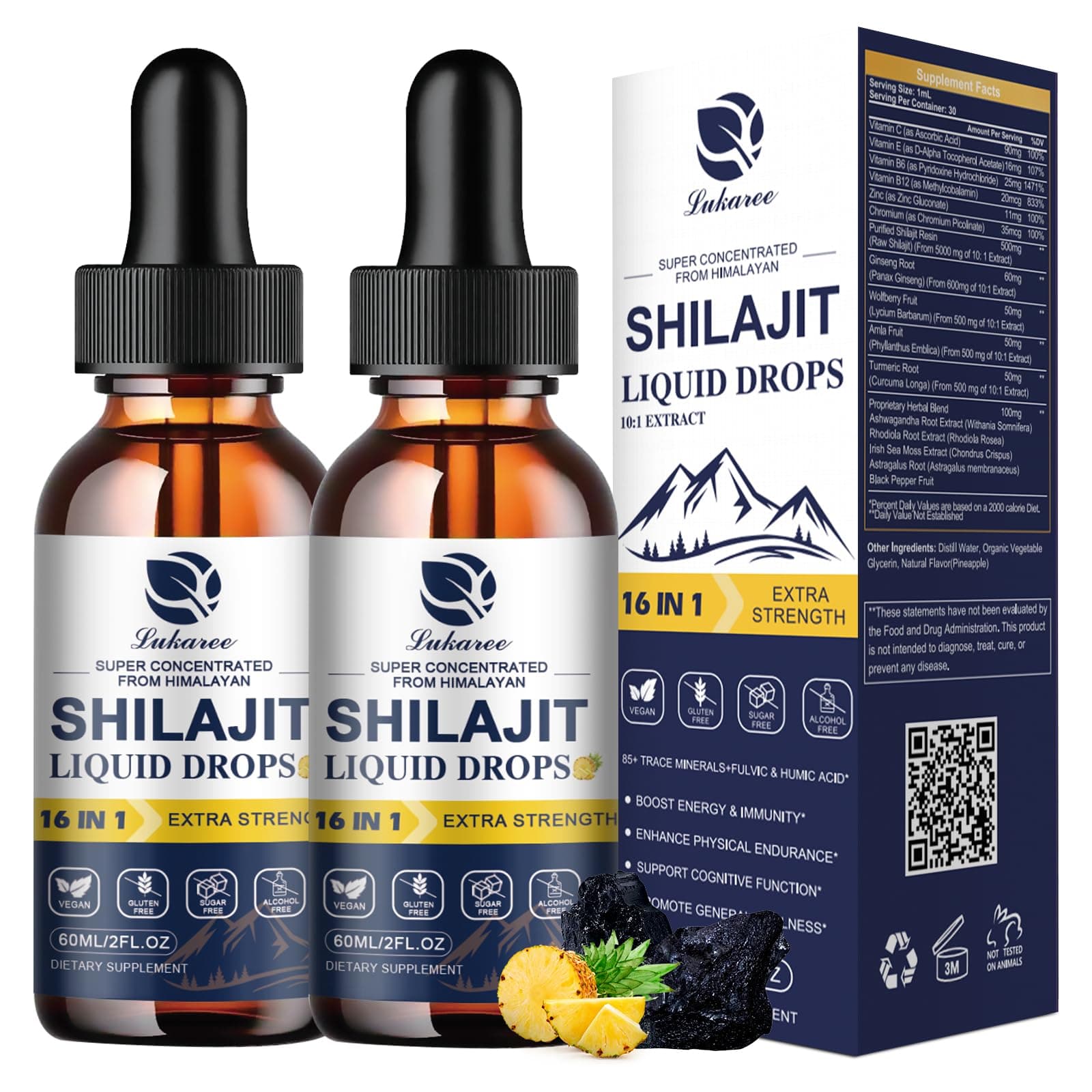 Lukaree 16-in-1 Shilajit Drops for Men and Women, Ashwagandha, Ginseng, Turmeric, Rhodiola, Amla, Sea Moss, Liquid Vitamin Supplement with 85+ Trace Minerals and Fulvic Acid, 2 FL Oz (2 Pack)