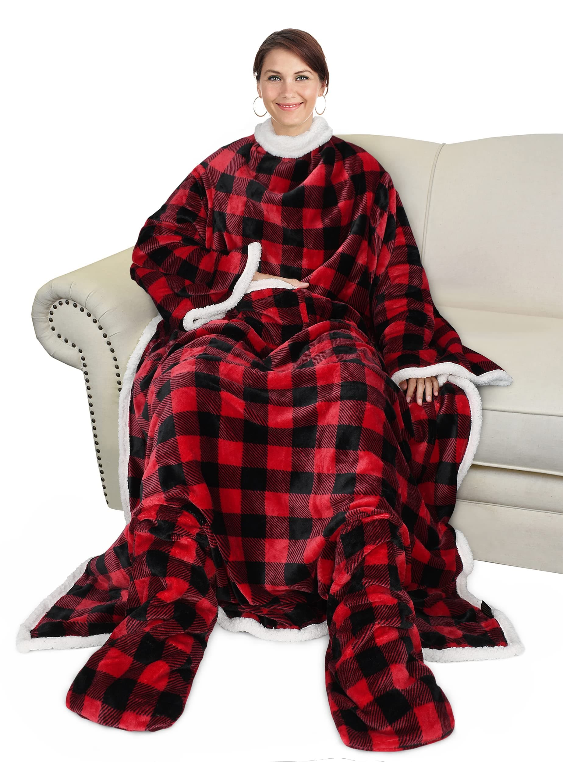 Sherpa Wearable Blanket with Sleeves & Foot Pockets for Adult Women Men, Comfy Snuggly Wrap Sleeved Throw Blanket Robe, Gift Idea, Red Checker Plaid