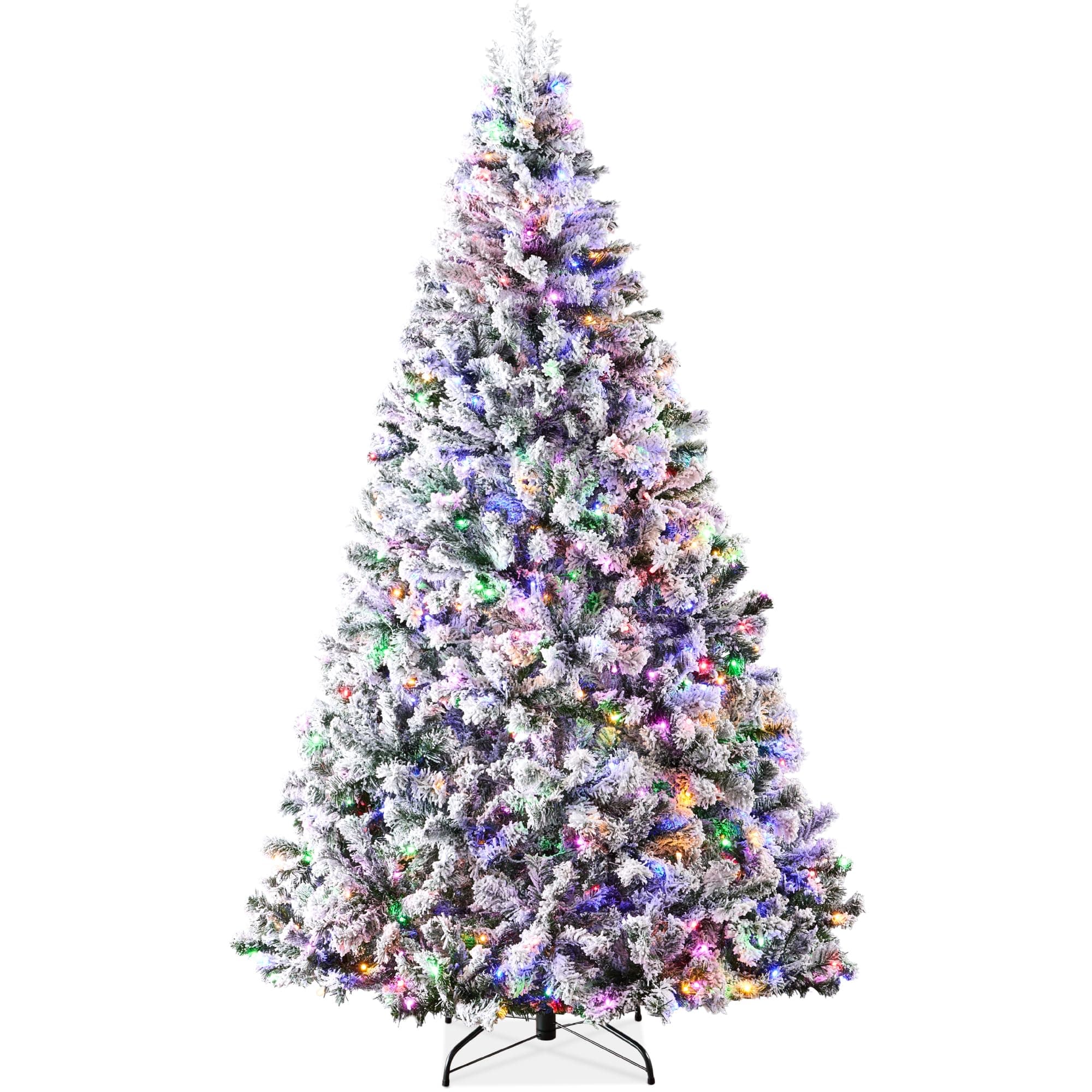 Pre-Lit Artificial Christmas Tree 12ft Snow Flocked Pine Tree, 2-in-1 White and Multicolor LED Lights, Full Snowy Appearance