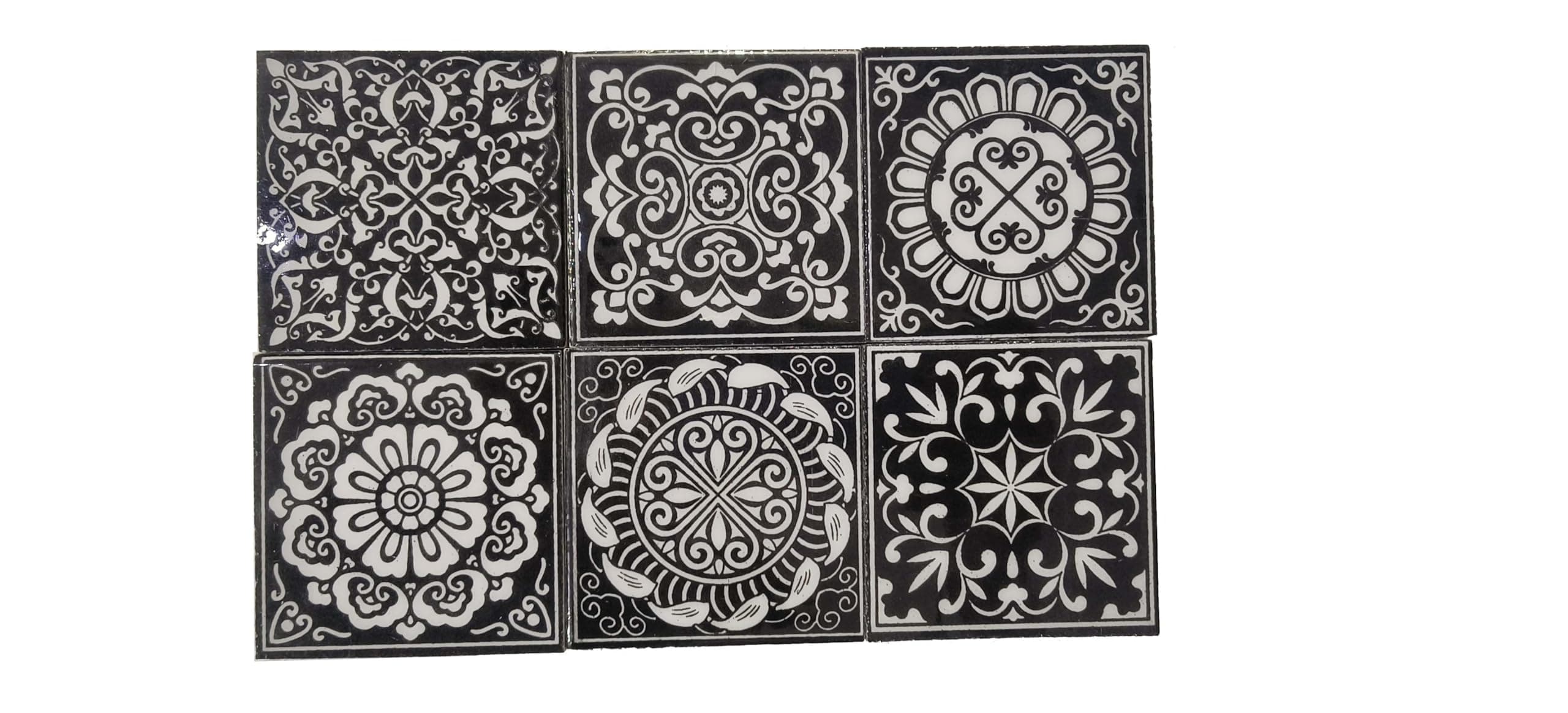 Shiv Kripa Blue Pottery Home Decor Wall Mural Mosaic Tiles Ceramic Handmade Wall Attach Tiles 3" x 3" Inch Set of 6 Tiles (Black)