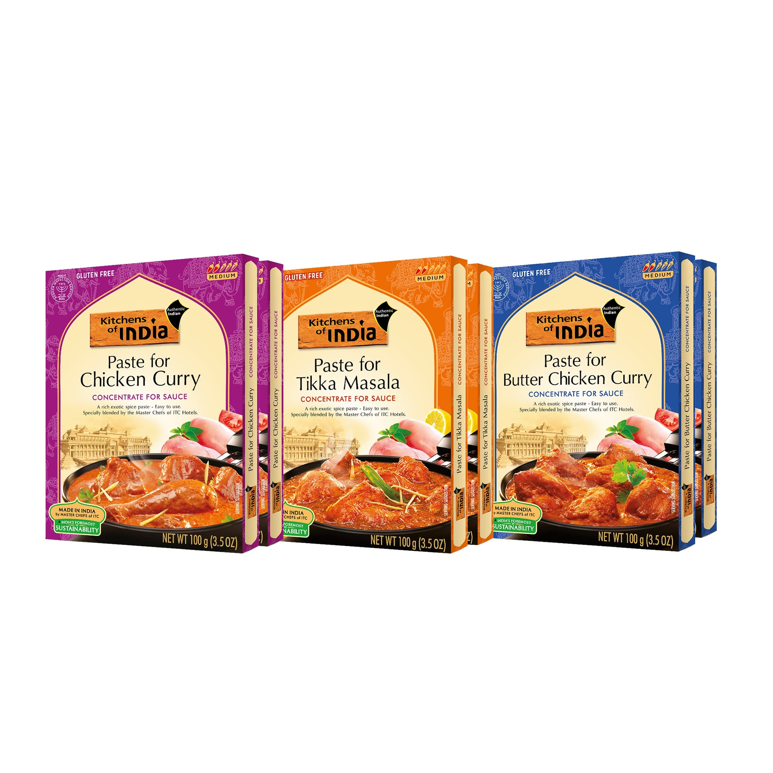Kitchens of India Curry Paste Combo - Butter Chicken, Tikka Masala & Chicken Curry Paste, Gluten-Free, Easy-to-Use, Authentic Indian Food, 3.5 Ounces (Pack of 6)