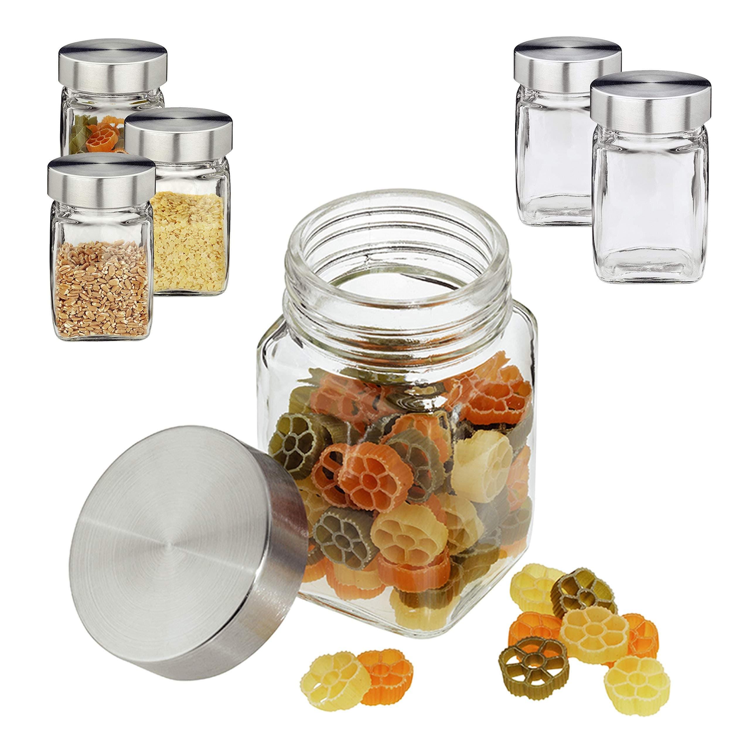 MamboCat 6-Piece Set Thea Storage Jar Set 250 ml I Small Square Jars with 18/10 Stainless Steel Lid Ideal Storage I Herbs & Spices I Kitchen Accessories