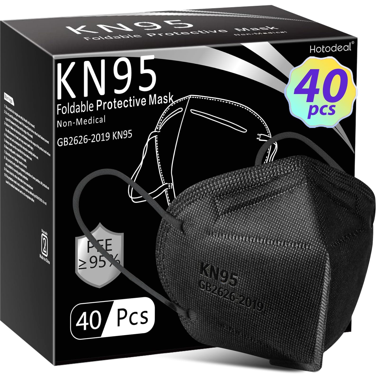 Hotodeal KN95 Face Masks 40 Pcs, Black Kn95 Masks for Adults, 5 Layers Cup Dust Mask for Men, Women, Healthcare/Essential Workers