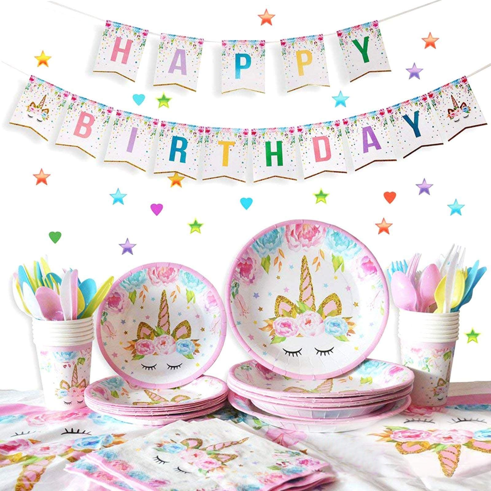 HUIBO Unicorn Party Supplies Tableware Set Service 16 Guest,Disposable and No Washing Up for Girls Kids Birthday Decorations,Include Plates, Banner,Cups,Napkins,Table Cover,Forks Spoons Knives