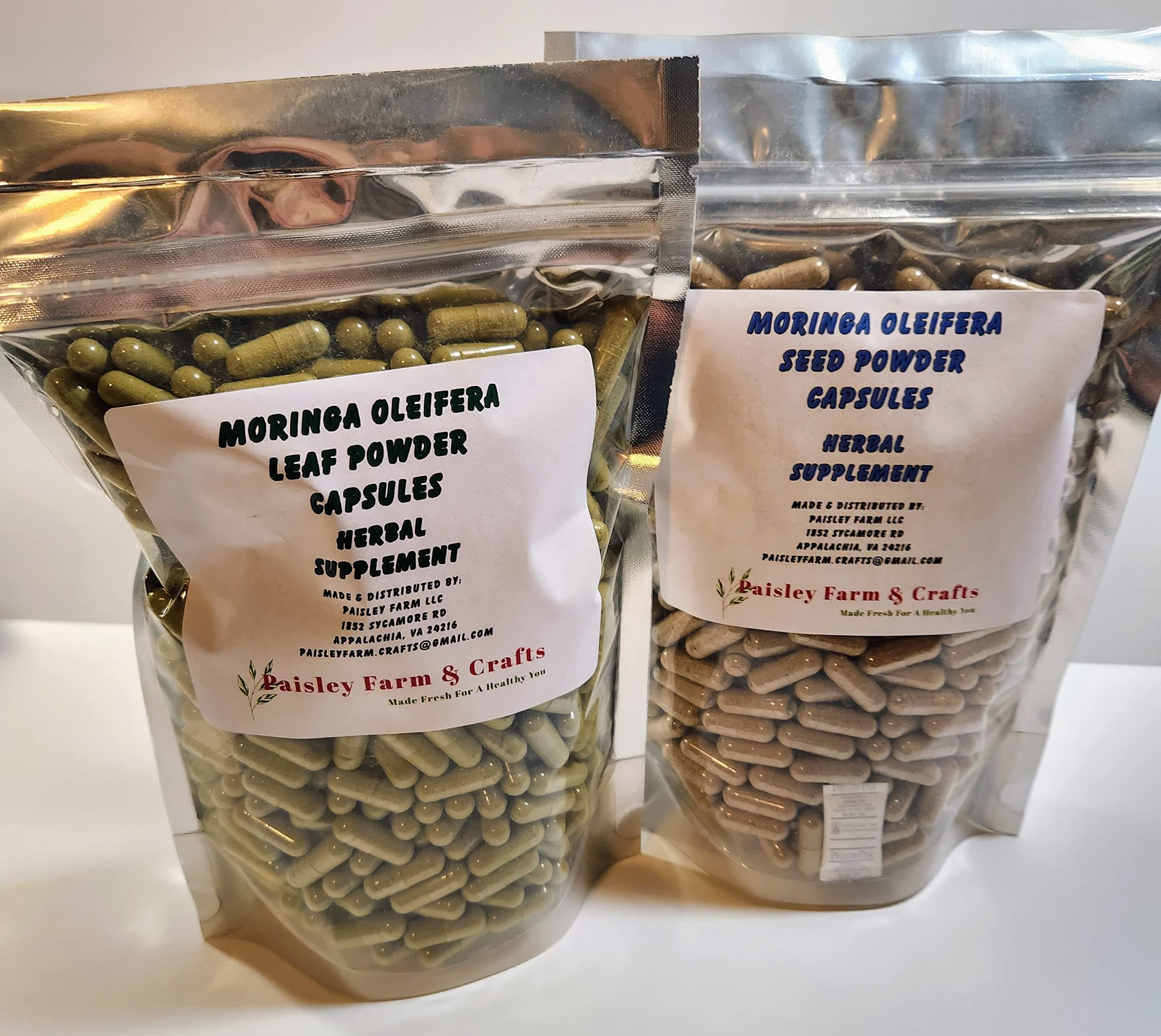 Moringa Leaf Powder Capsules & Moringa Seed Powder Capsules - Value Pack - Made Fresh On Demand! (500 Each)
