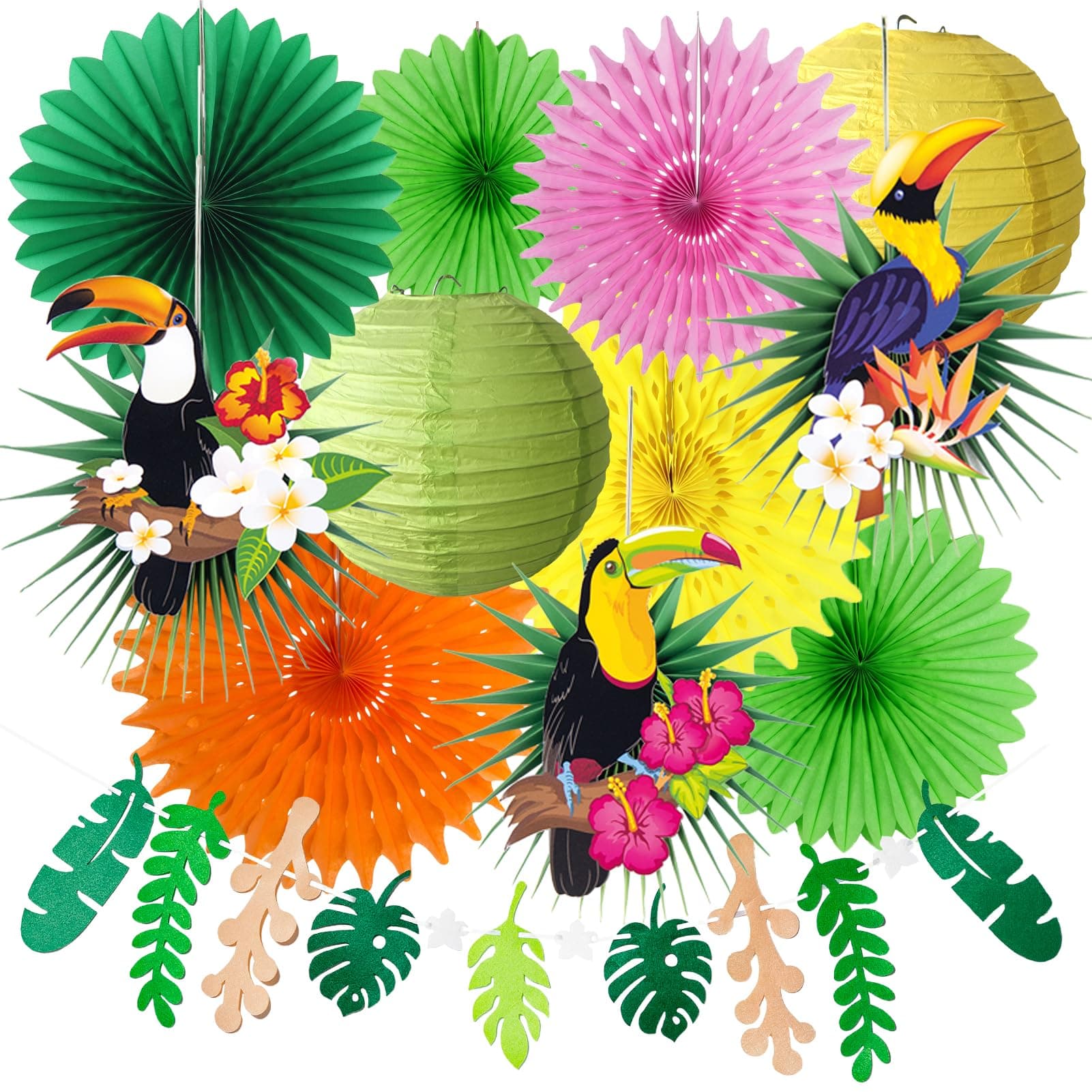 SUNBEAUTY Tropical Bird Toucan Leaf Garland Kit for Summer Hawaiian Luau Tiki Tropical Jungle Themed Party Decorations with Paper Palm Leaves Fans Lanterns