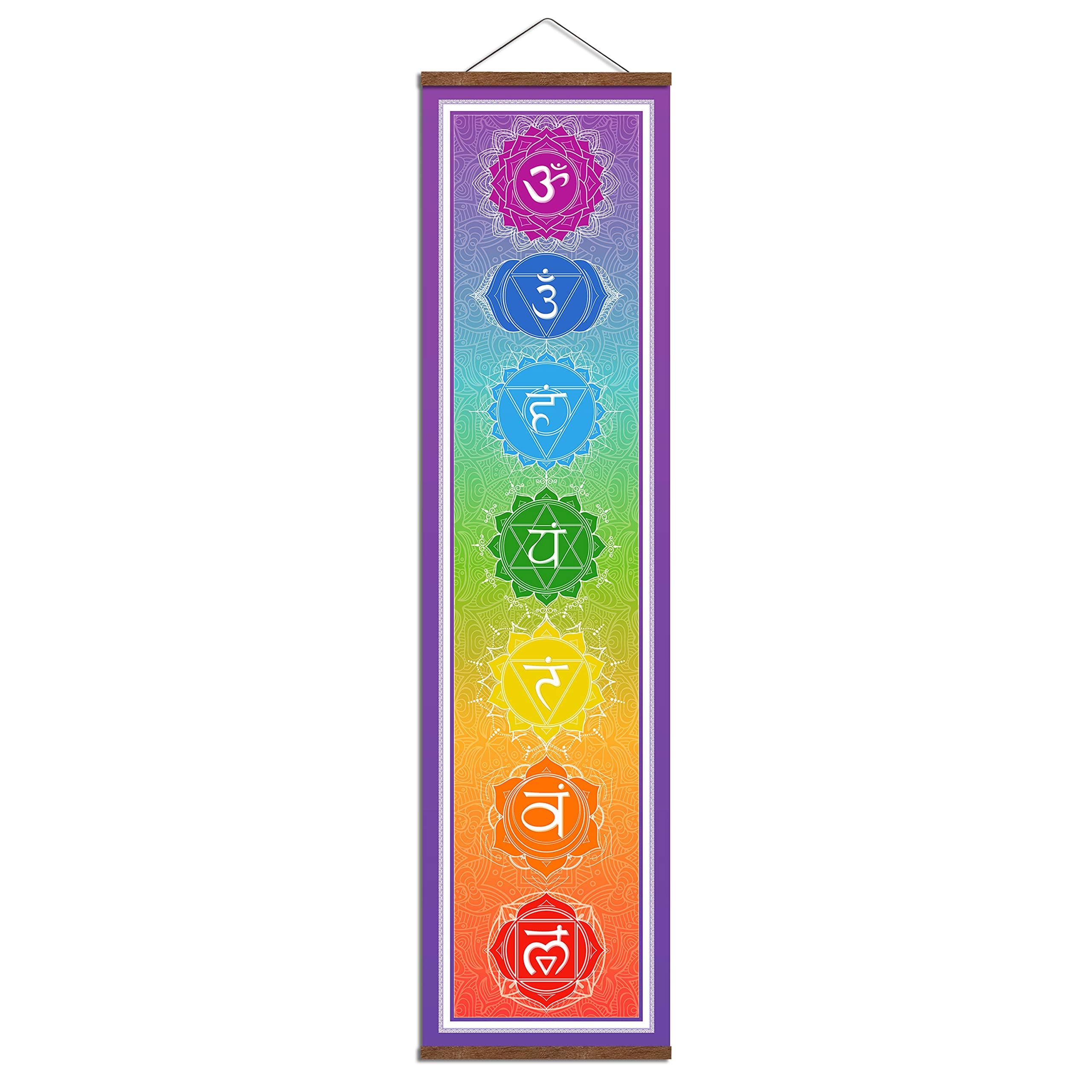WEROUTE Large 7 Chakra Mandala Hanging Tapestry Yoga Meditation Banner Scroll Wood Frame Poster Wall Decor Painting14 x 53"