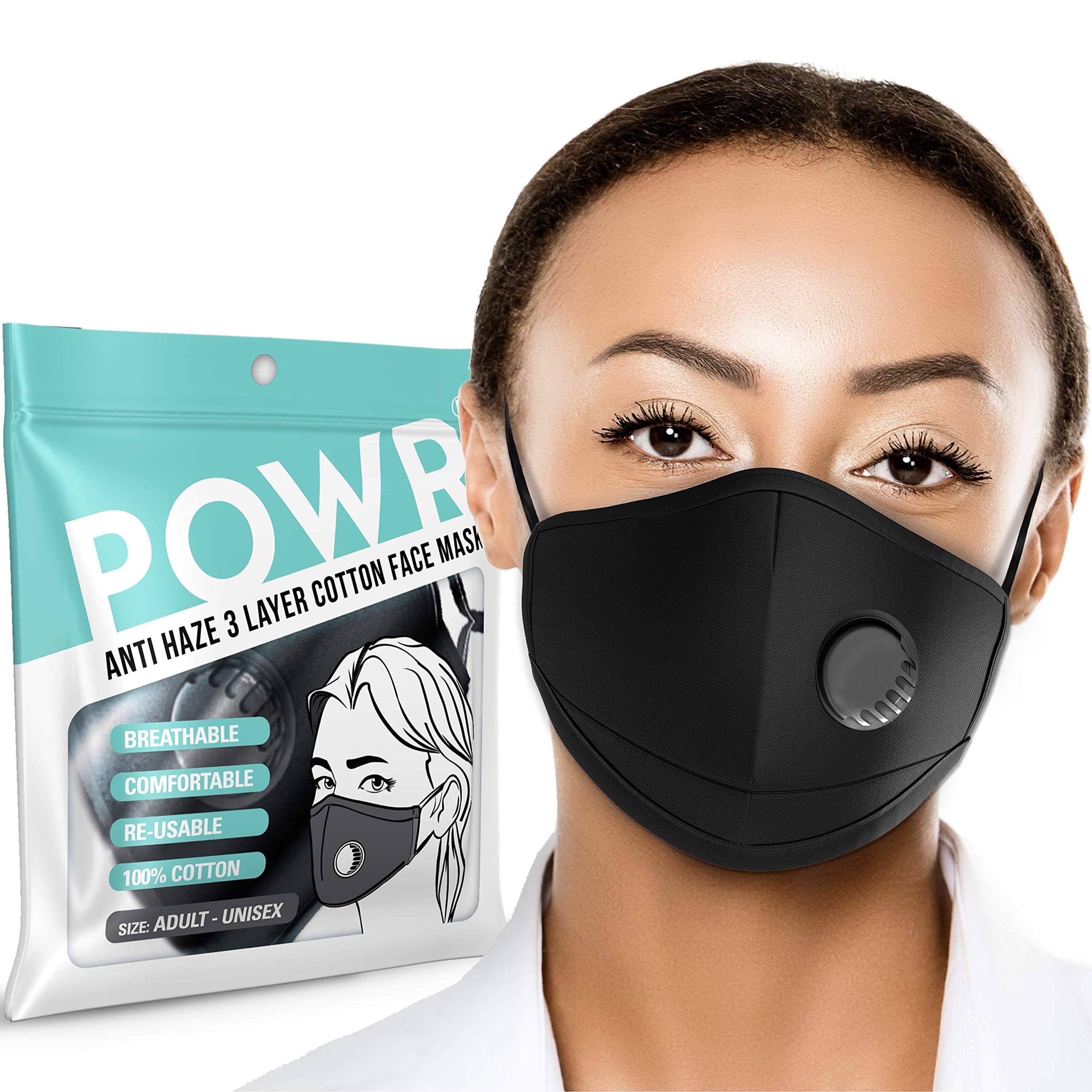 Face Mask | Unisex - Ultimate Comfort - 100% Cotton Face Covering - Washable and Re-usable, with Adjustable Ear Straps and Nose Clip - Breathable Valve Plus 3 X Replaceable PM 2.5 Carbon Filters