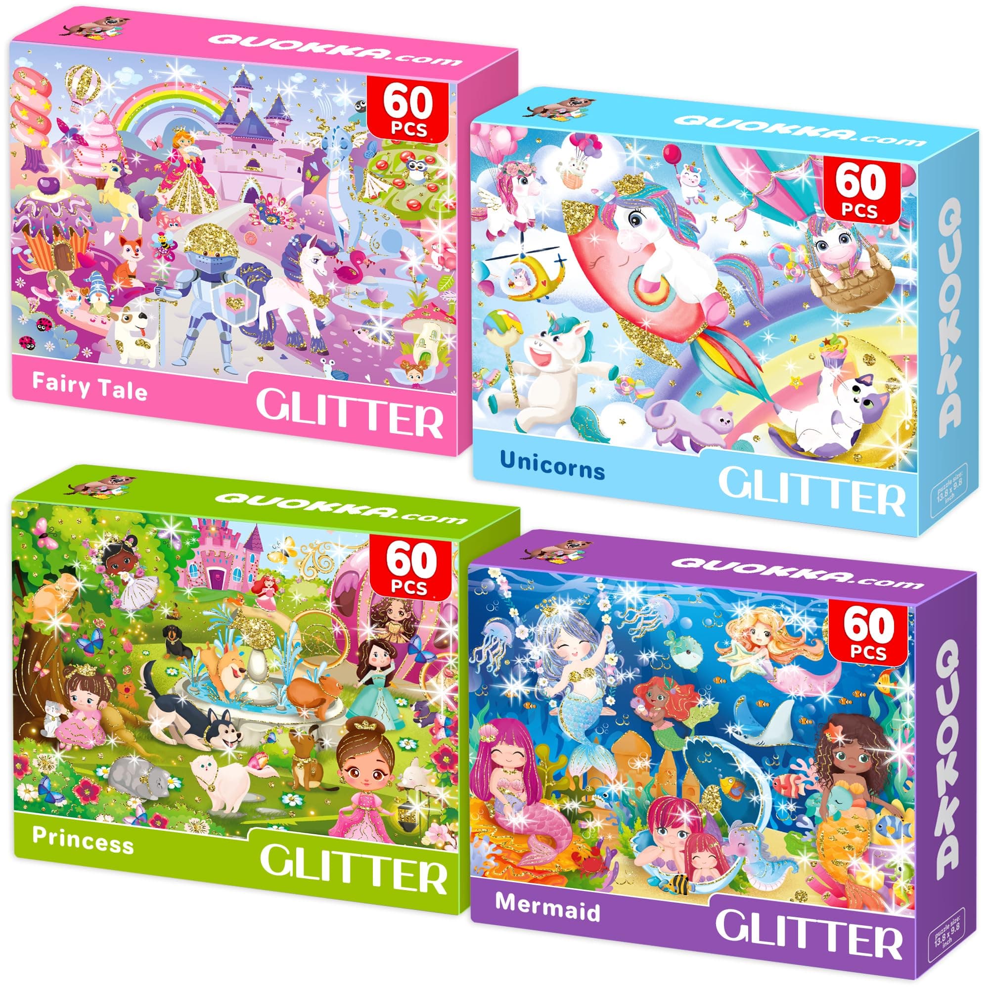 QUOKKA Puzzles for Kids Ages 4-6 - Set of 4x60 Jigsaw Puzzles for Toddlers 3-5 - Unicorn Princess Animals Toys for Children 6-8 yo - Gift Educational Game for Boys & Girls