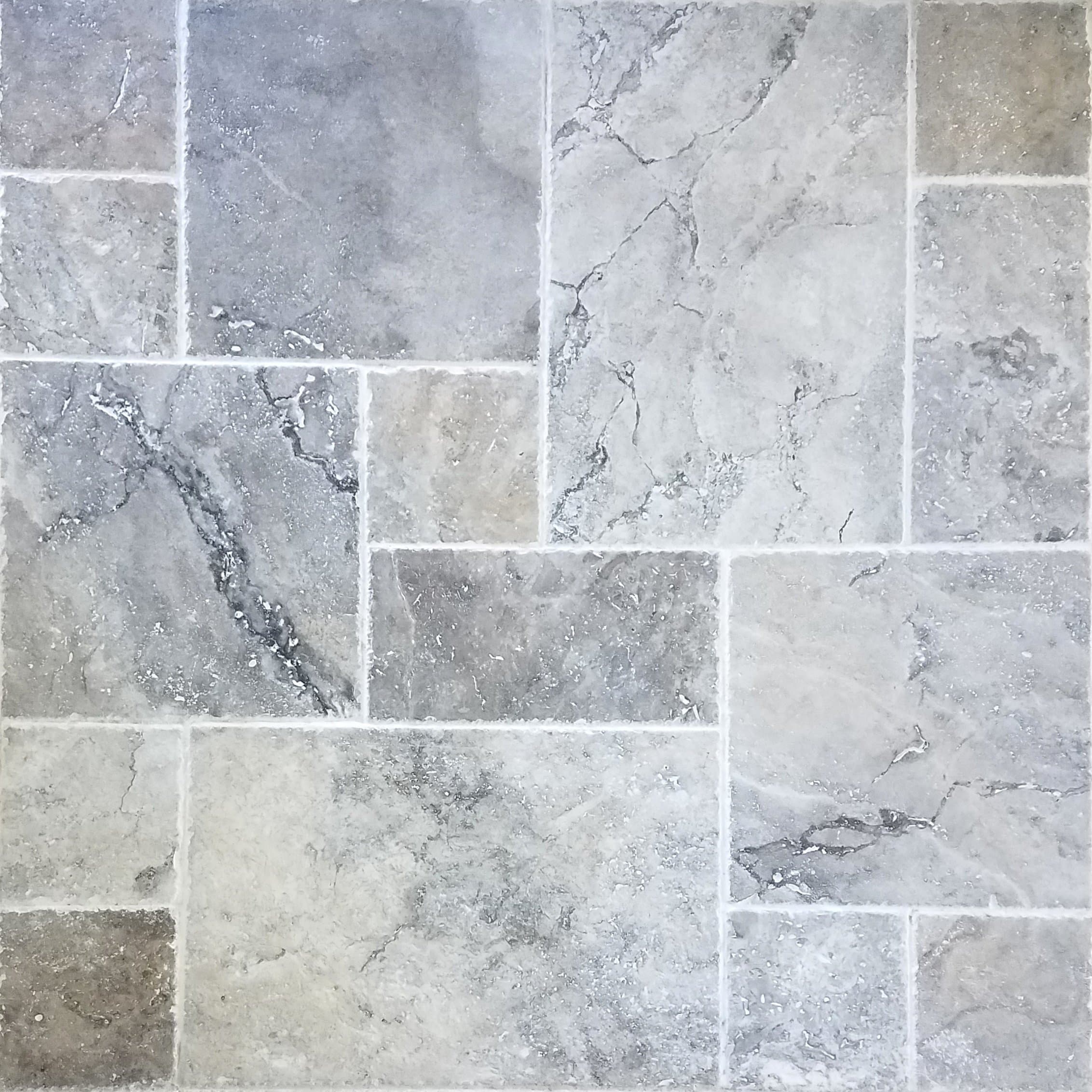 Sample - Travertine Tile Versailles Pattern (Silver) Pool & Patio, Backyard. Brushed and Chiseled Natural Stone for Outdoors & Indoors