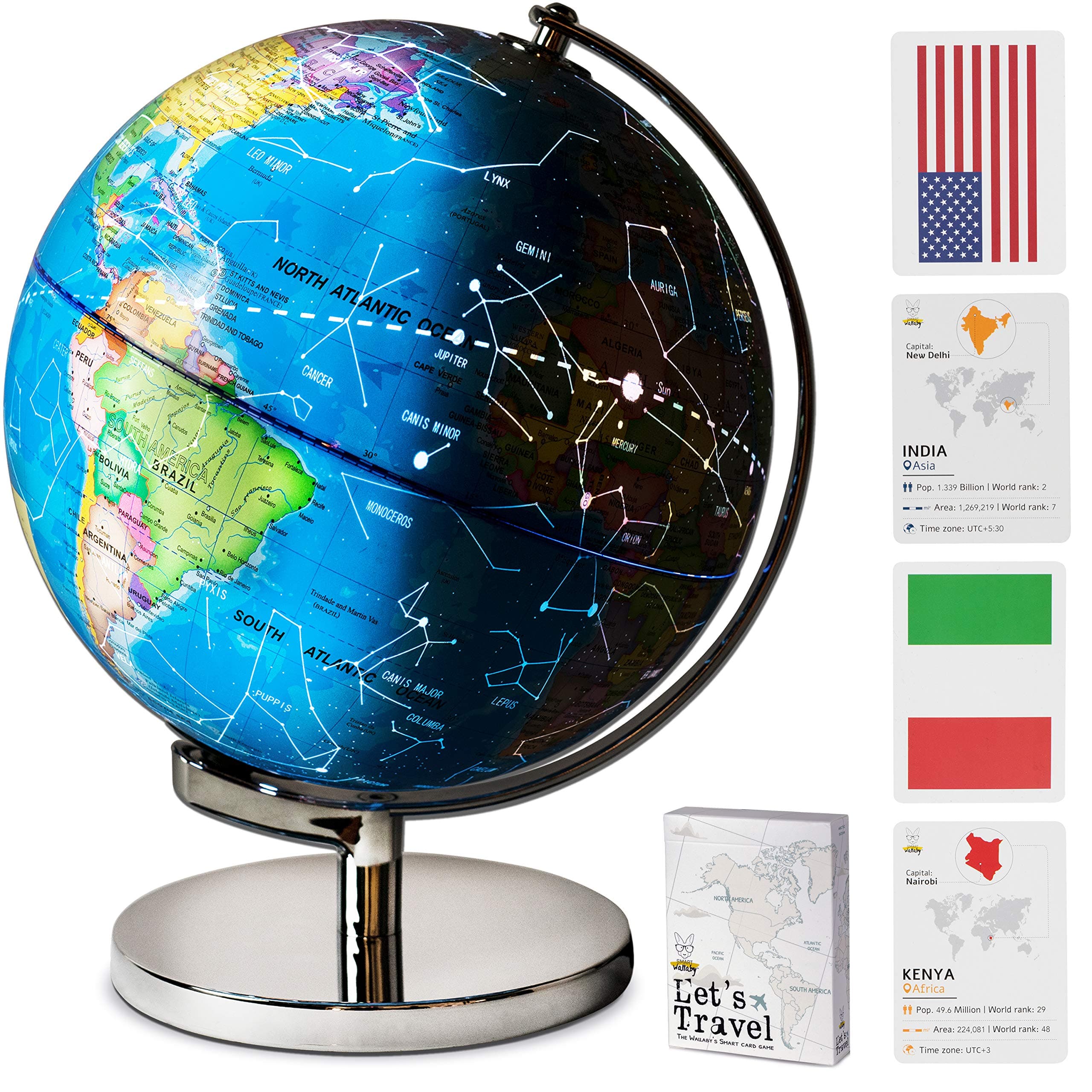 9" Illuminated Educational Kids World Globe + STEM Flags & Countries Interactive Card Game. 3 in 1 Children Desktop Spinning Earth Political & Constellation Maps, LED Night Light Lamp