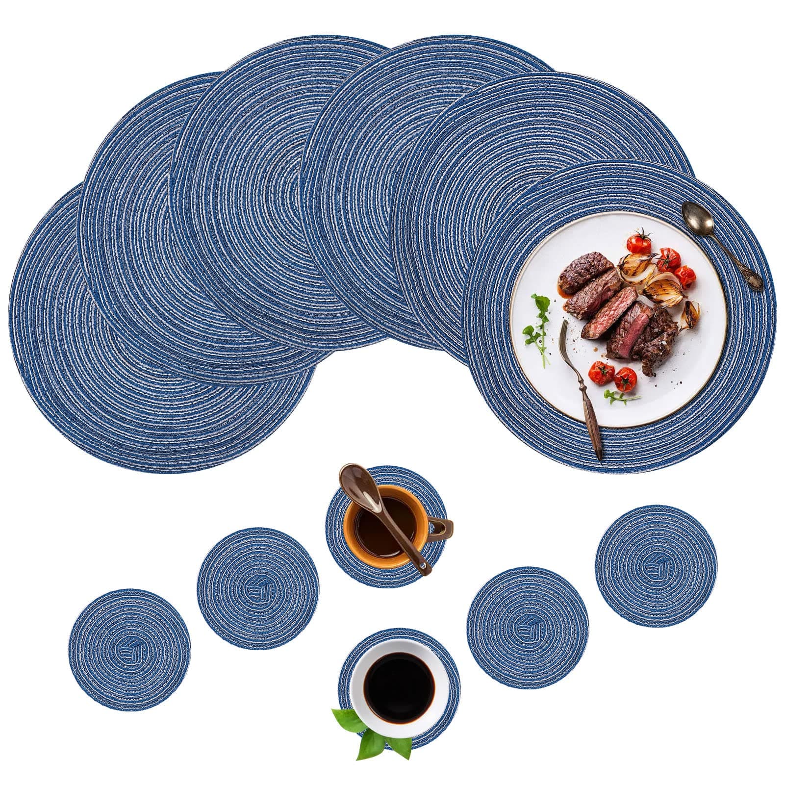 12Pcs Round Place Mats Set of 6, Durable Nordic Style Hemp Cotton Threaddining Placemats for Home Kitchen, Dining Table, Outdoor, Christmas Party(6 Placemats+6 Coasters, Blue)