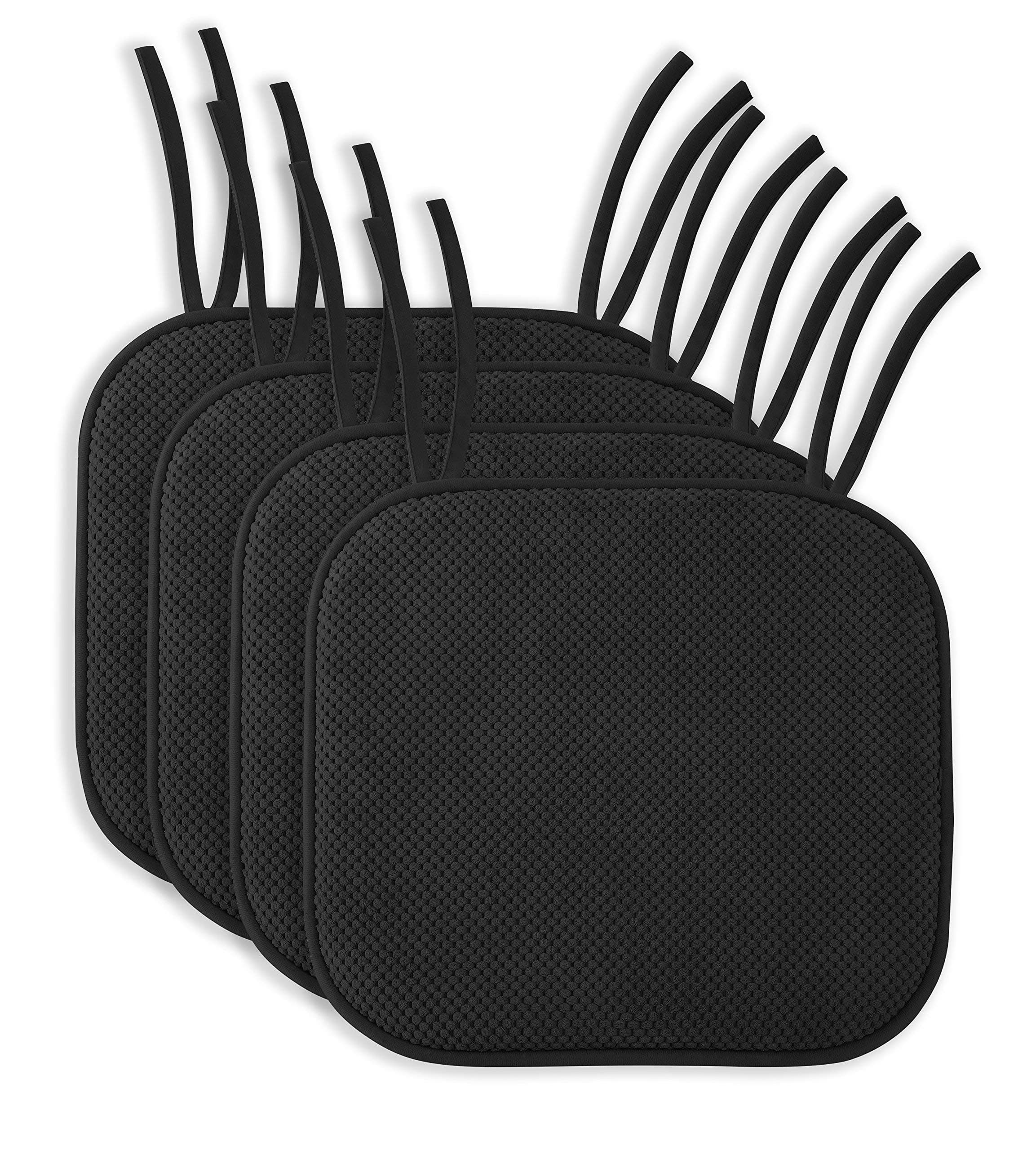 4 Pack: Ellington Home Non Slip Memory Foam Seat Cushion Chair Pads with Ties - 17" x 16" - Black