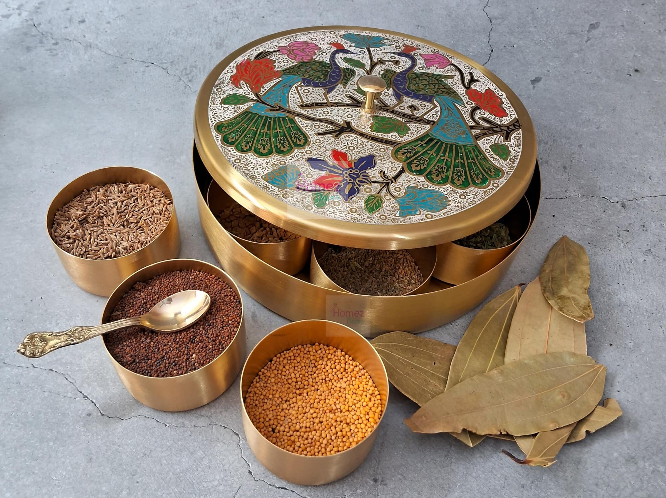 Homez Decor Handmade (Coloured Peacock Embossed Design) Pure Brass Masala Box (Masaladani) | Handcrafted Container - Indian Design Spice Box With Spoon (Masala Dabba) | Gold - 8 X 8 X 2.5 Inches