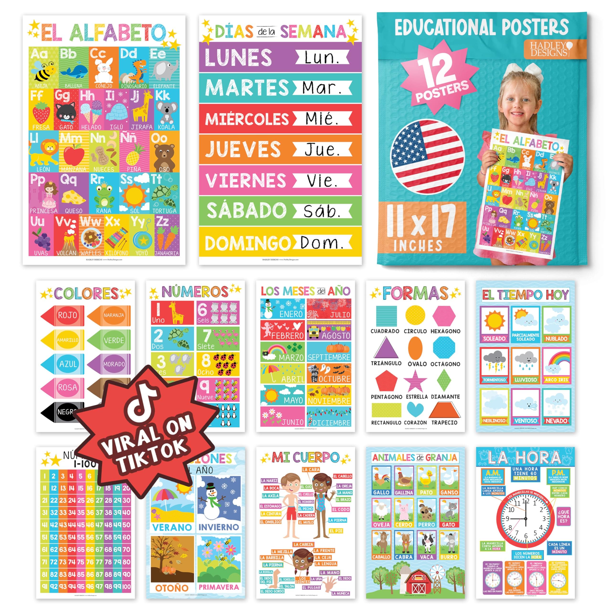 Spanish Classroom Decorations - 12 Spanish Posters for Classroom Elementary, Abecedario para Niños en Español, Laminated Colorful Bilingual Educational Posters 11x17