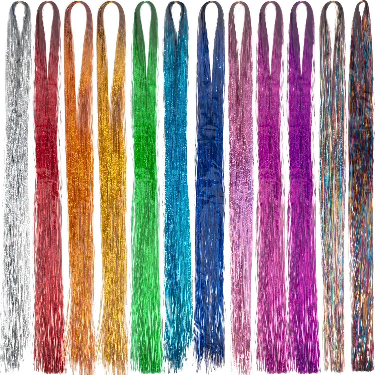 Hair Tinsel Strands 47 Inches Sparkling Shiny Hair Tinsel Extensions 12 Colors (1800 Pieces)