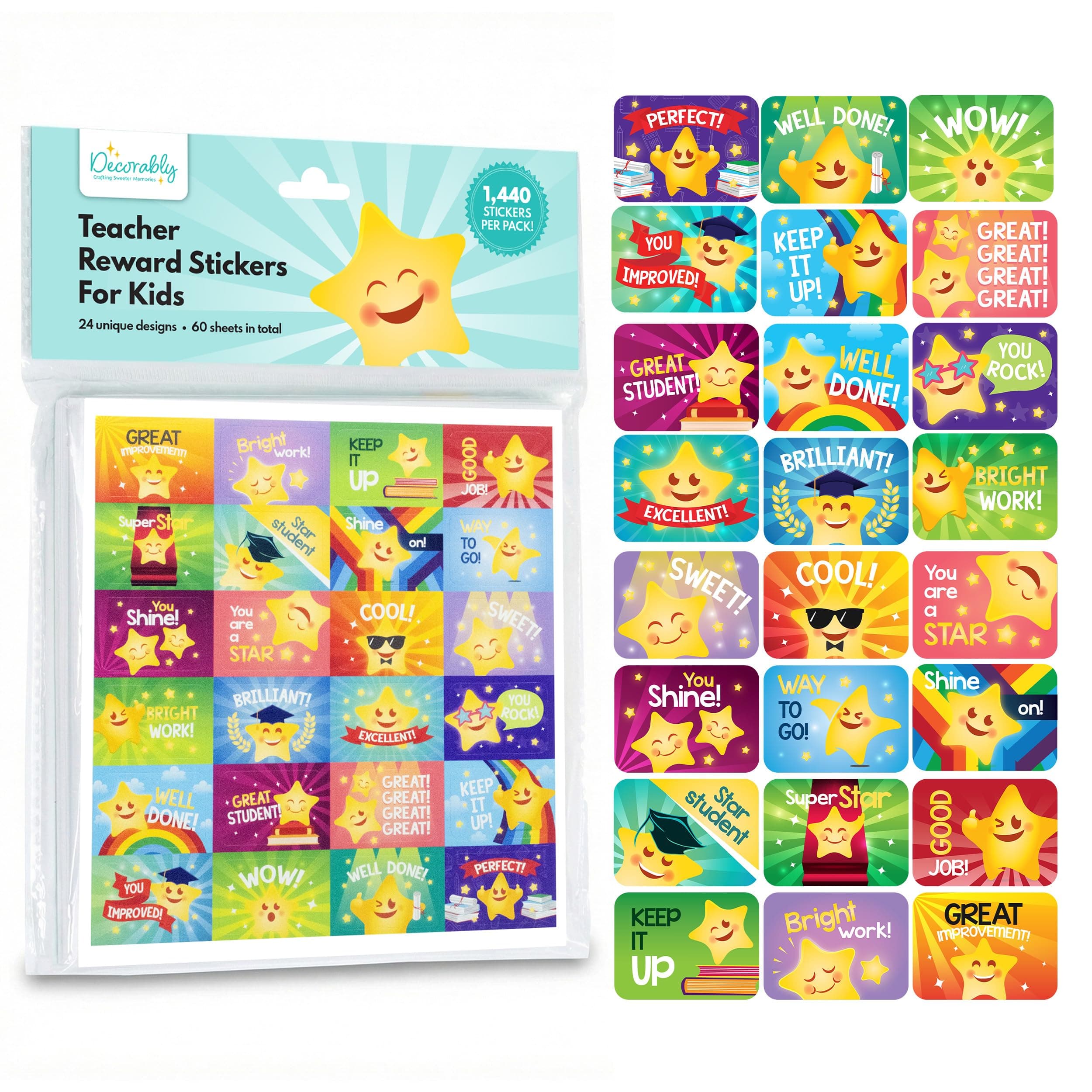 Decorably 1,440 Star Teacher Stickers for Grading for Students - 60 Sheets with 24 Adorable Designs for Classroom Activities, Reward Chart, Positive Reinforcement, Arts & Crafts, Scrapbooking, Gift