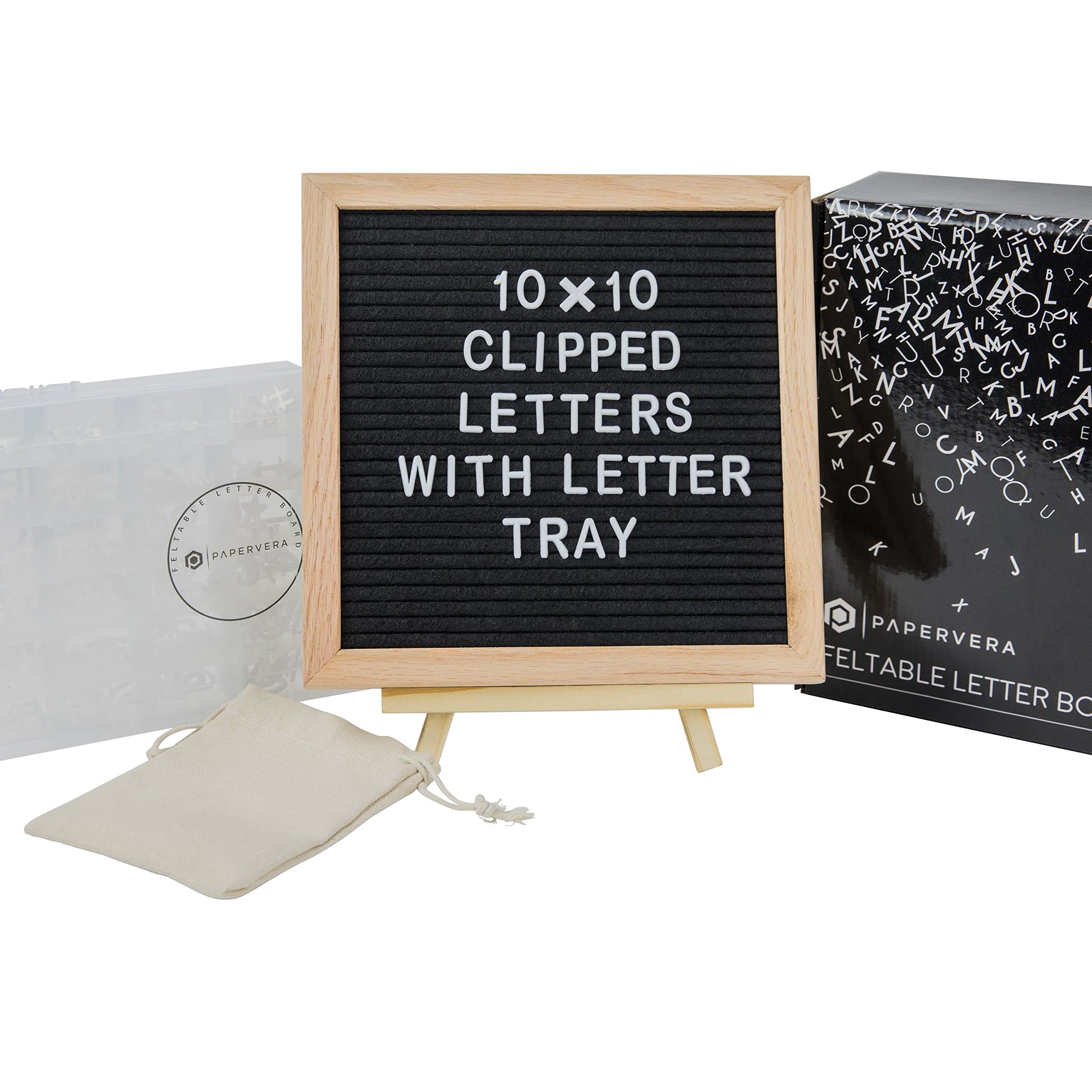 Black Felt Letter Board Set 10X10-346 CLIPPED White Plastic Changeable Letters, Numbers and Symbols- Oak Wooden Frame, Wall Mount, Easel- Bonus Letters Organizer Tray+Letter Pouch|By Papervera