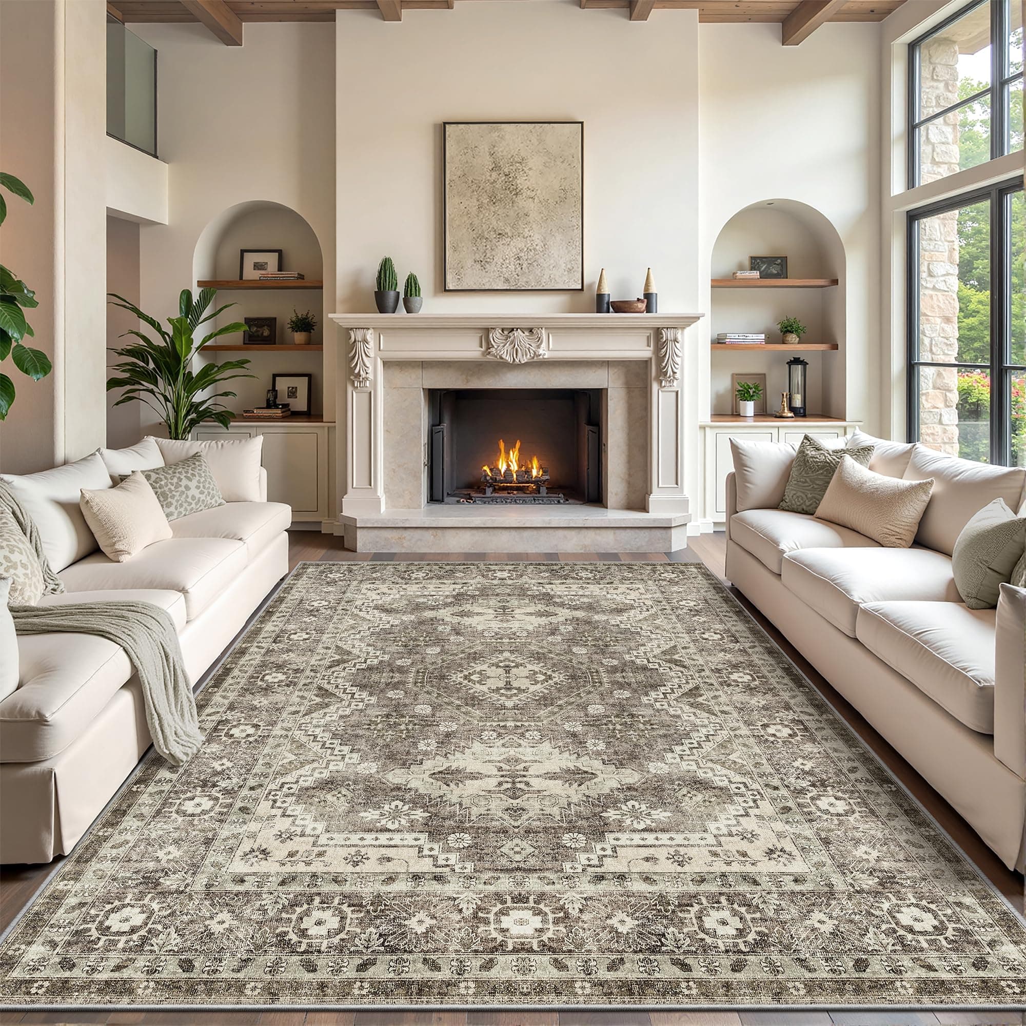 Rugland 8x10 Area Rugs - Stain Resistant Washable Rug, Anti Slip Backing Rugs for Living Room, Vintage Tribal Area Rugs (TPR07-Ivory, 8'x10')