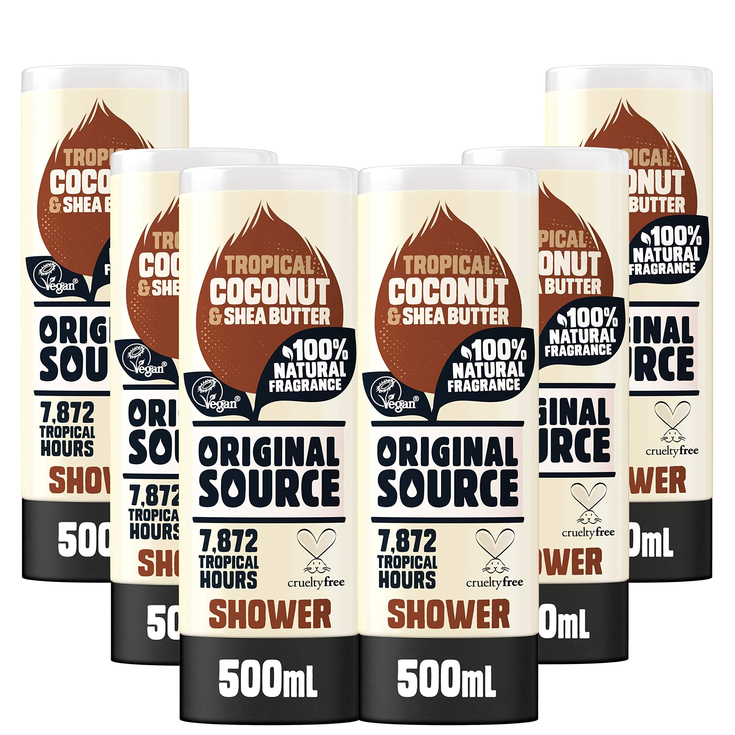 Coconut and Shea Butter Shower Gel, 100 Percent Natural Fragrance, Vegan, Cruelty Free, Paraben Free, Bulk Buy, Pack of 6 x 500 ml